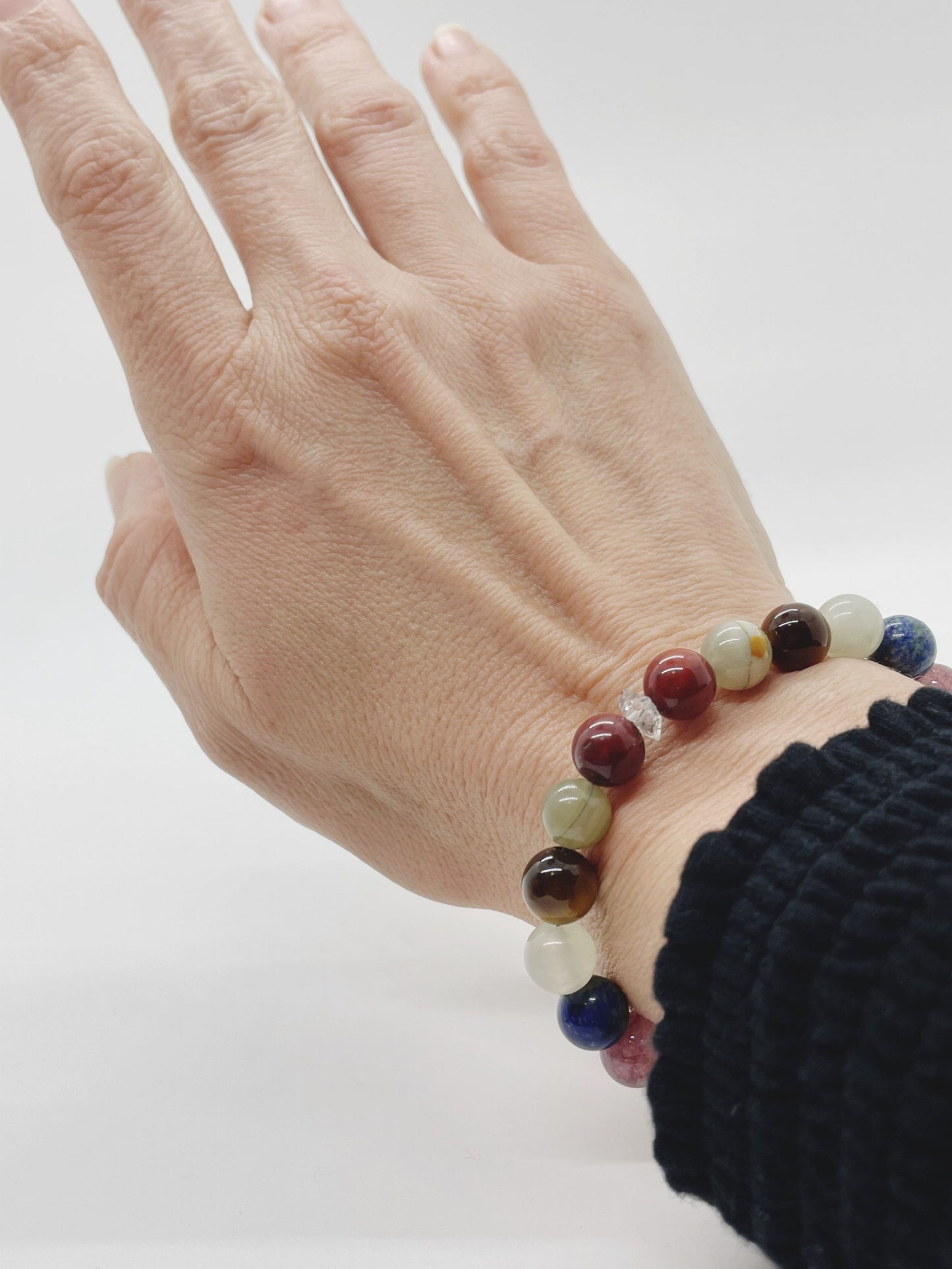 Crystal Beaded Gemstone Bracelet. Herkimer Quartz, Red Jasper, Bumblebee Jasper, Tiger’s Eye, Jade, Lapis, Lepidolite, Selenite with Sterling Silver Clasp