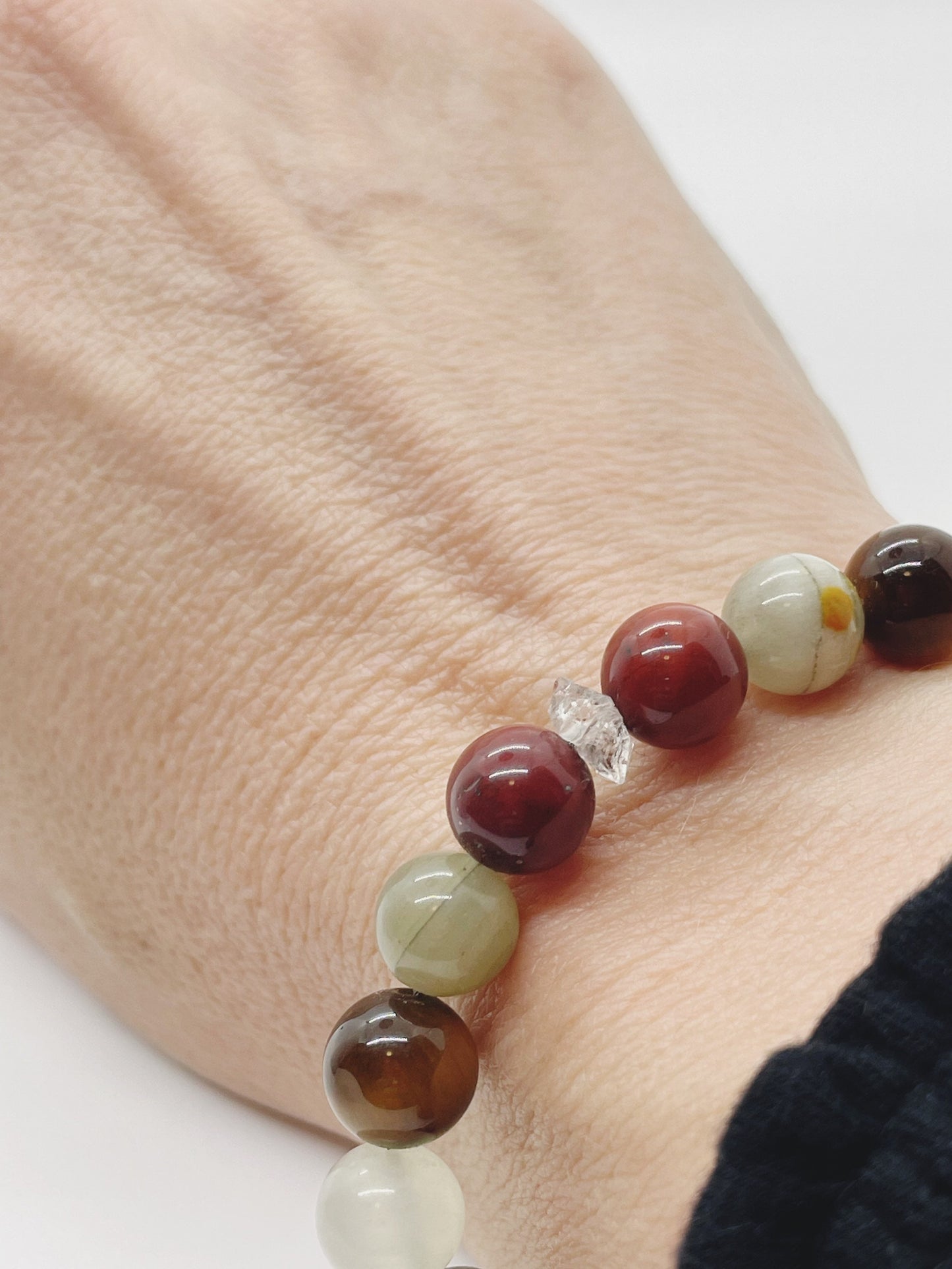 Crystal Beaded Gemstone Bracelet. Herkimer Quartz, Red Jasper, Bumblebee Jasper, Tiger’s Eye, Jade, Lapis, Lepidolite, Selenite with Sterling Silver Clasp