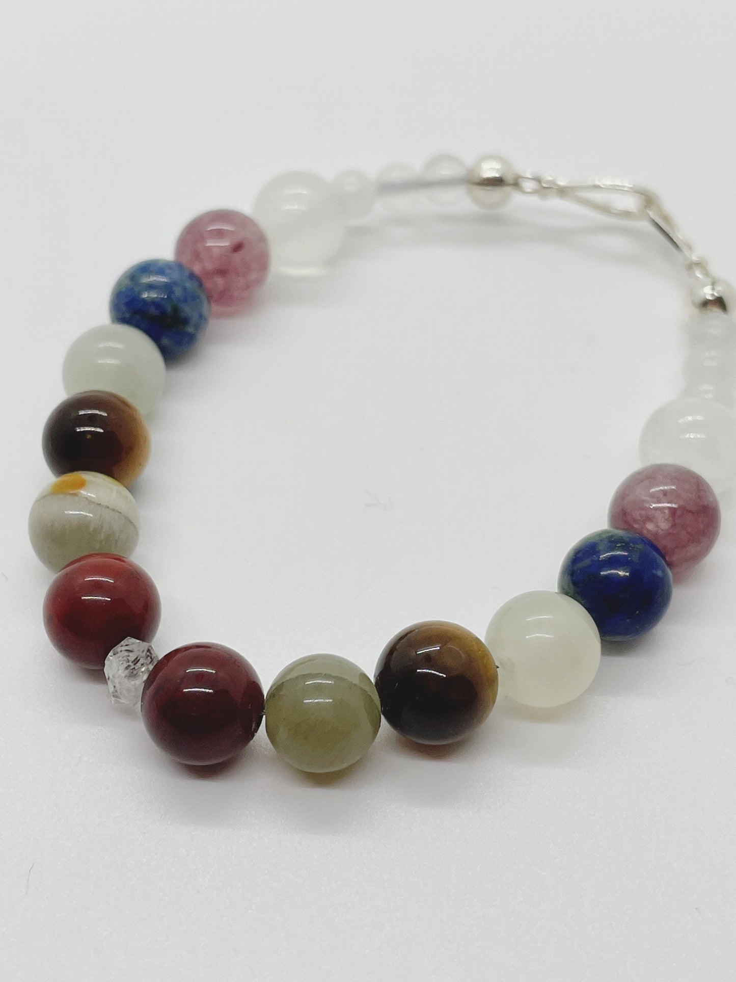 Crystal Beaded Gemstone Bracelet. Herkimer Quartz, Red Jasper, Bumblebee Jasper, Tiger’s Eye, Jade, Lapis, Lepidolite, Selenite with Sterling Silver Clasp