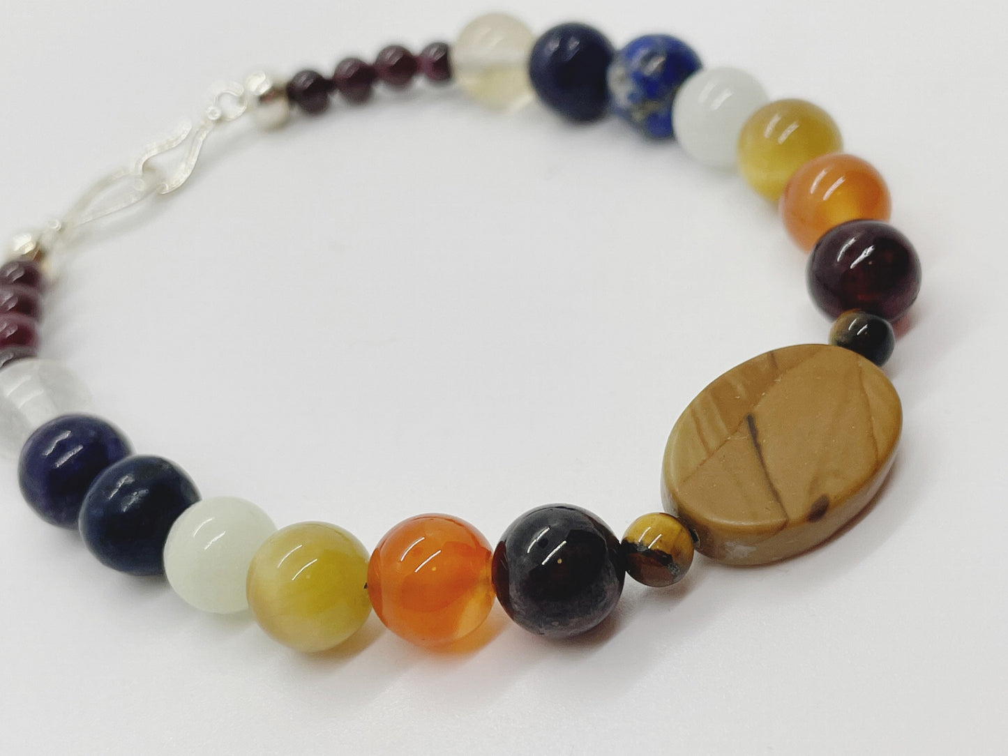 Crystal Bead Chakra Bracelet. Picture Jasper, Tiger’s Eye, Garnet, Carnelian, Yellow Tiger’s Eye, Cave Calcite, Lapis, Charoite, Tourmaline