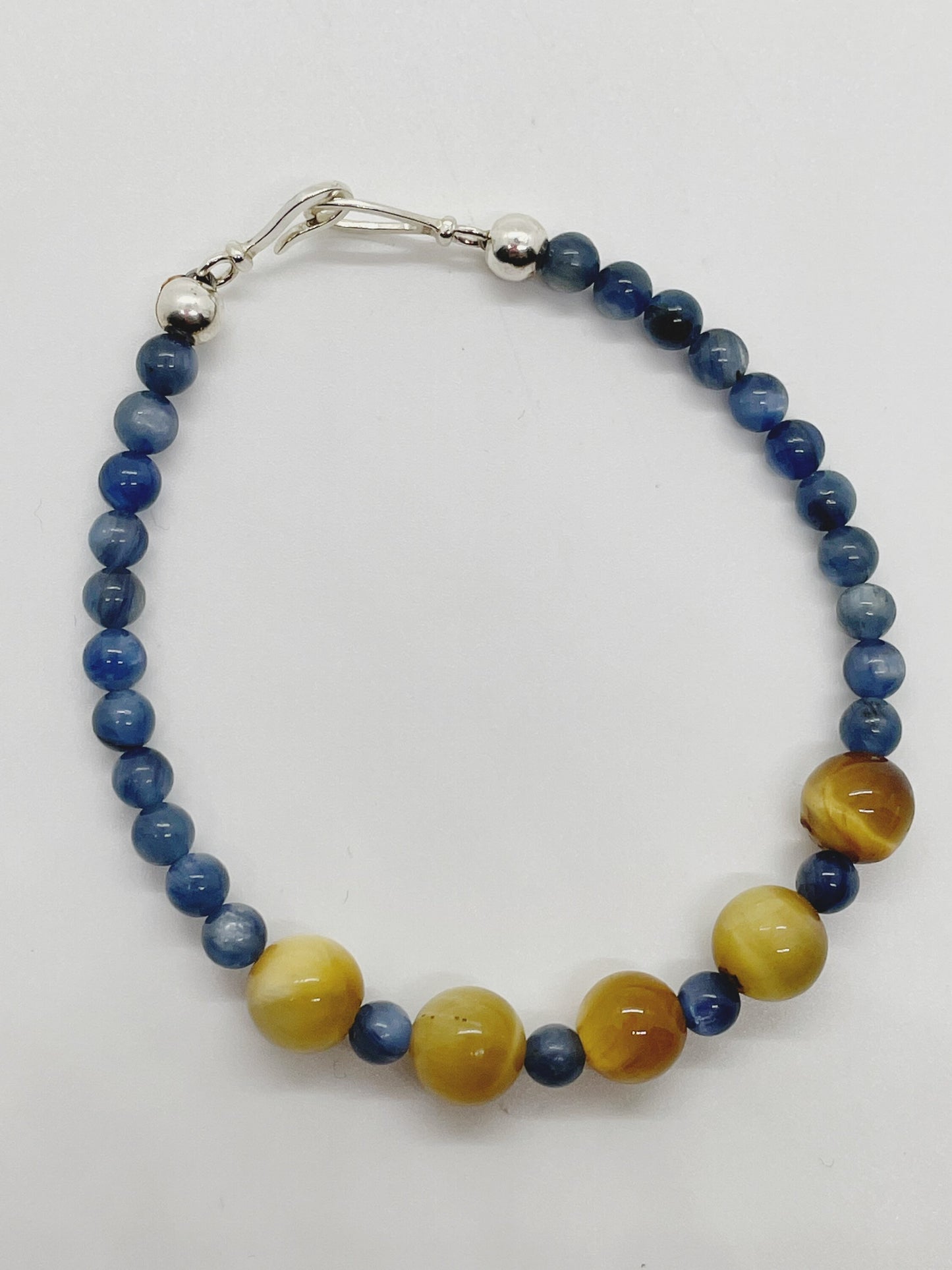 Crystal Beaded Gemstone Bracelet. Blue Kyanite, Yellow Tiger’s Eye and Sterling Silver