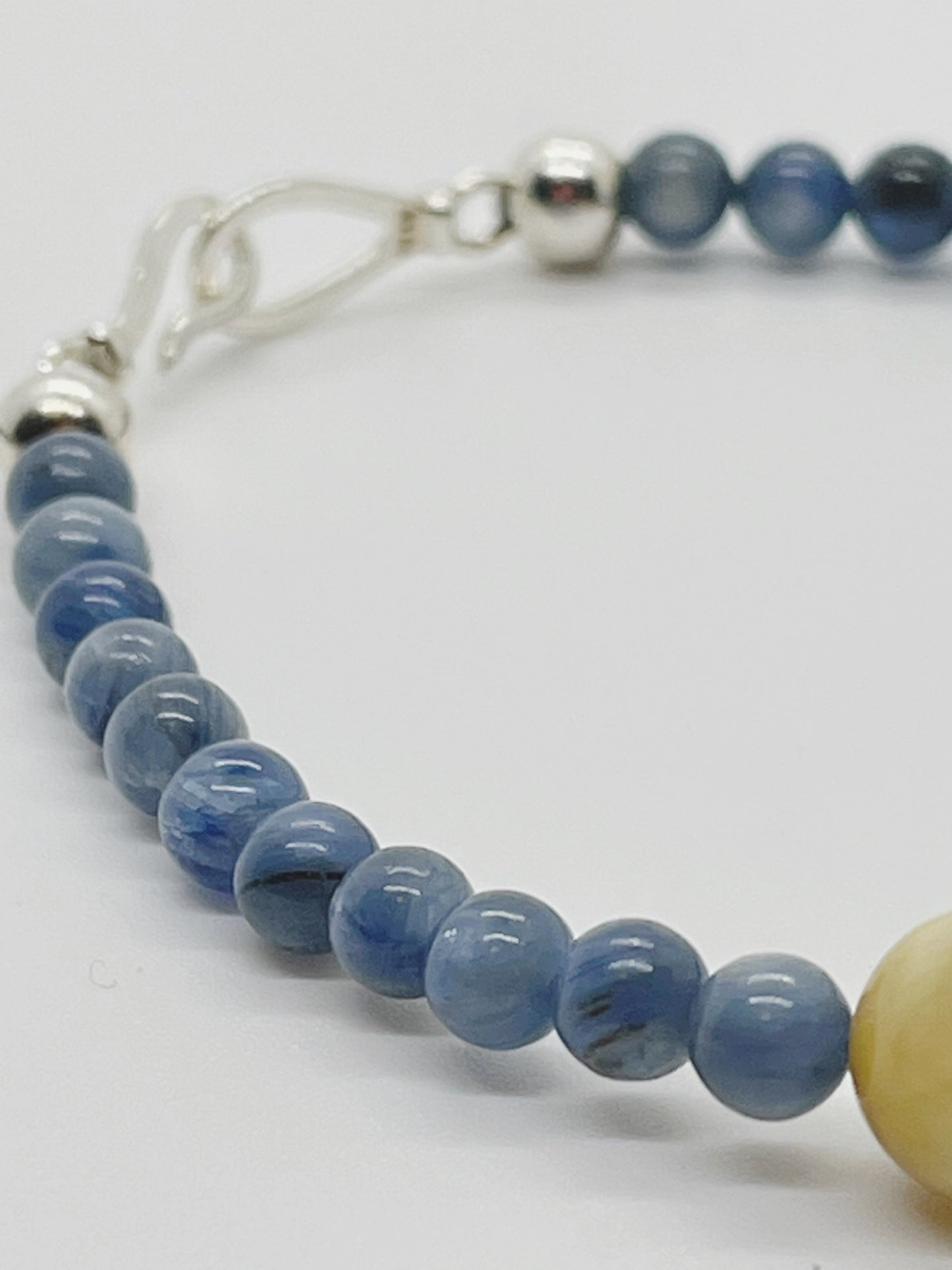 Crystal Beaded Gemstone Bracelet. Blue Kyanite, Yellow Tiger’s Eye and Sterling Silver