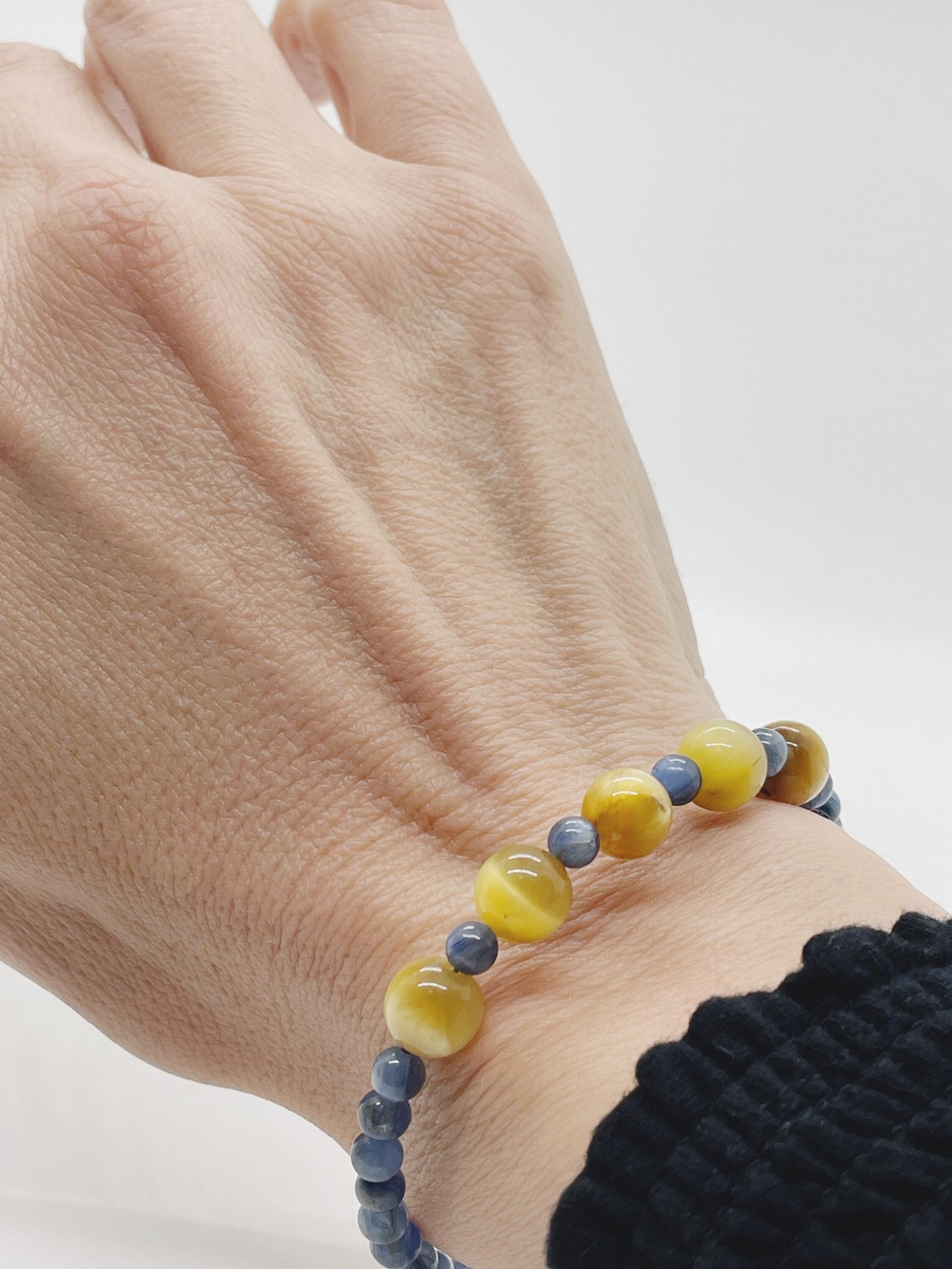 Crystal Beaded Gemstone Bracelet. Blue Kyanite, Yellow Tiger’s Eye and Sterling Silver