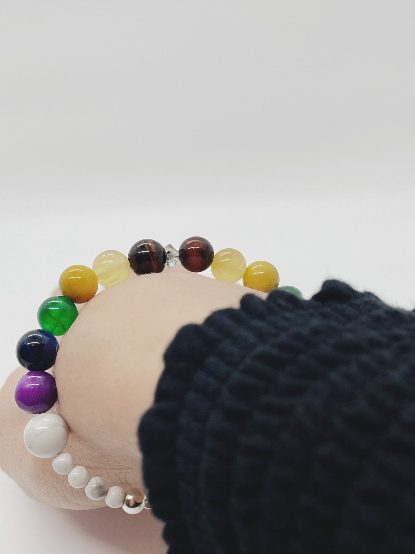 Crystal Beaded Chakra Bracelet.  Herkimer Quartz, Red & Blue Tiger’s Eye, Yellow Calcite,  Mookaite, Green Chalcedony, Sugalite, Sterling Silver