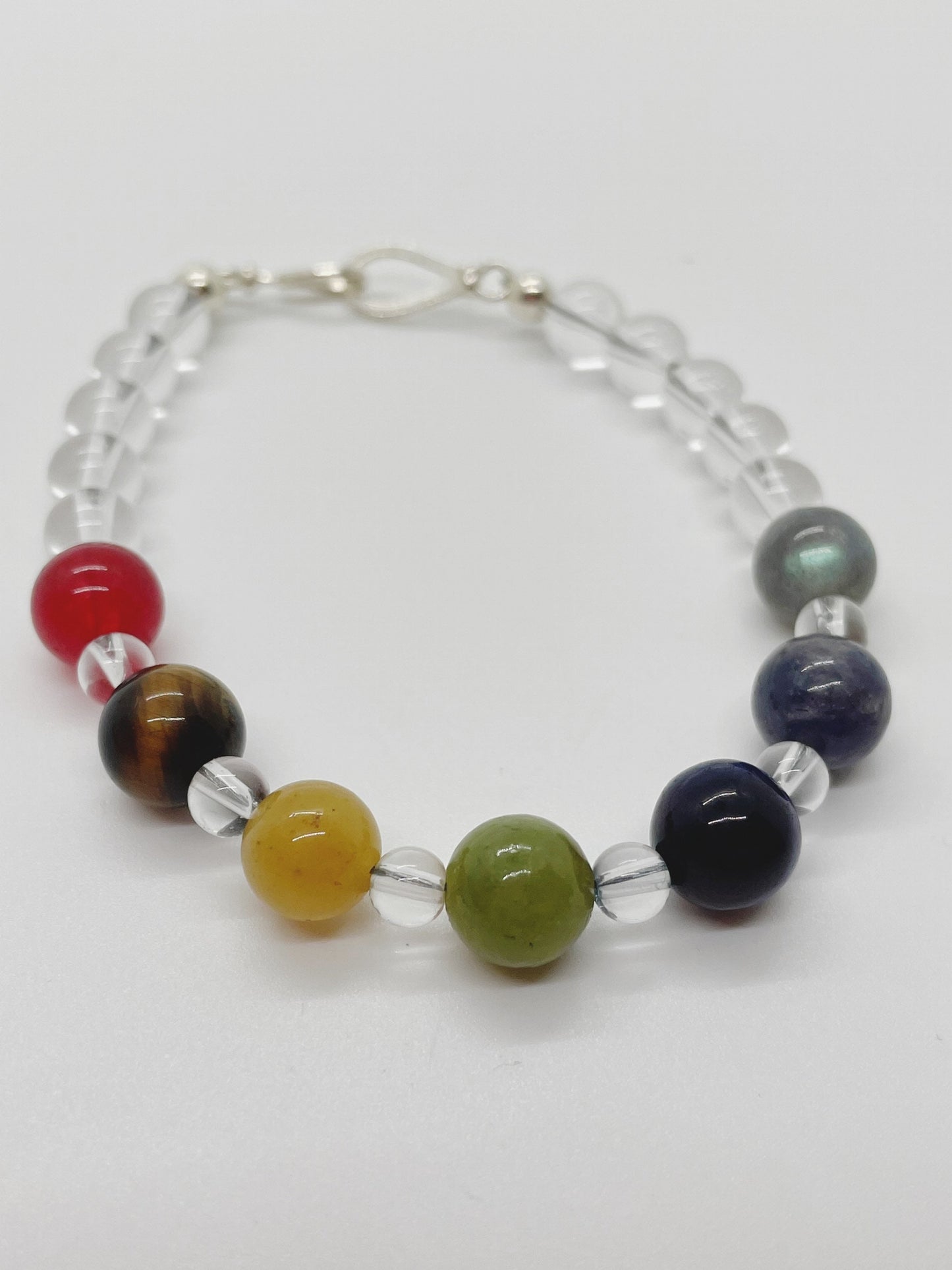 Crystal Beaded Chakra Bracelet. Red Agate, Serpentine, Tiger’s Eye, Jade, Blue Tiger’s Eye, Lolita, Labradorite, Clear Quartz