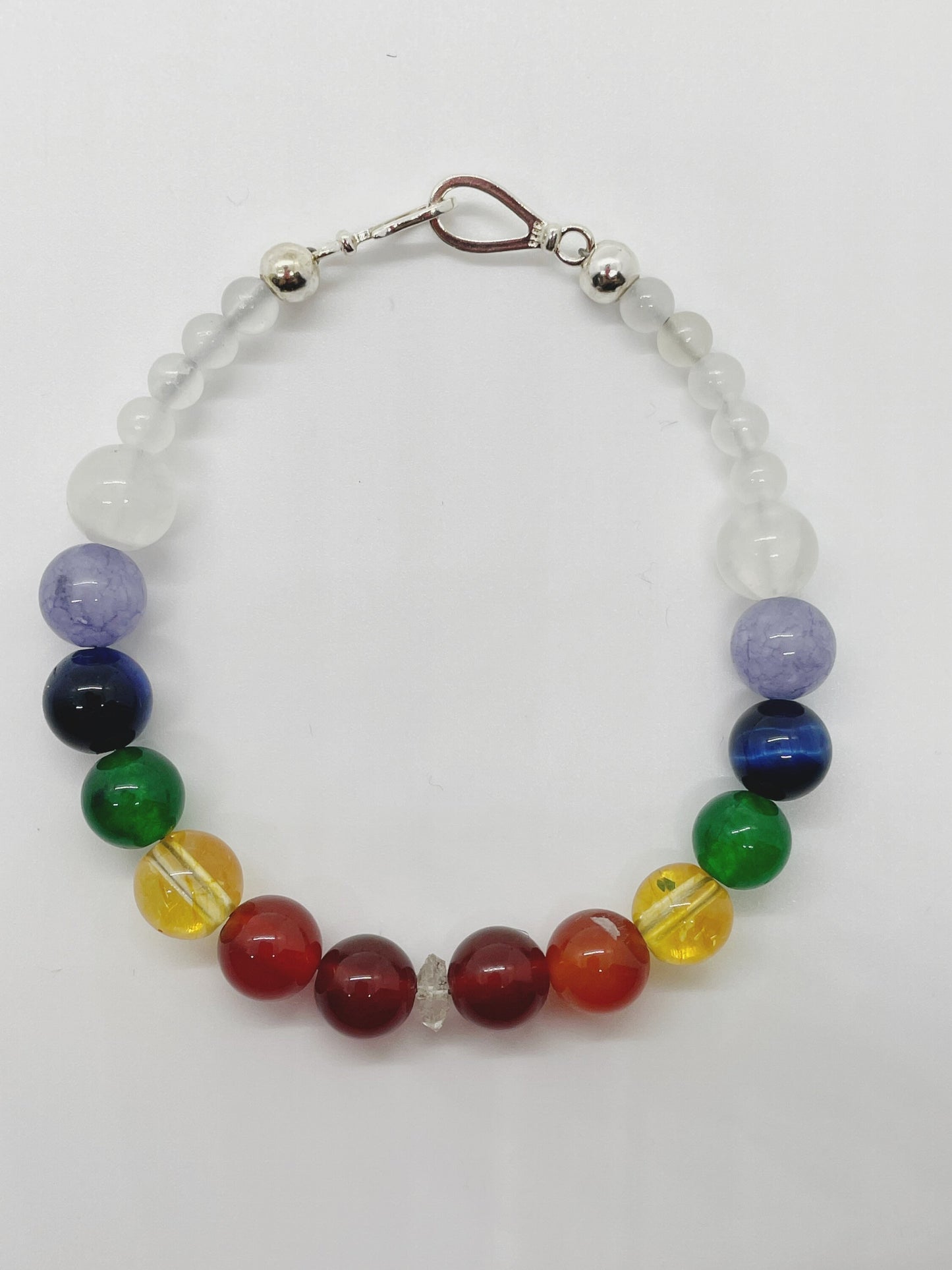 Crystal Beaded Chakra Bracelet. Red Aventurine, Carnelian, Green Chalcedony, Citrine, Blue Tiger’s Eye, Tanzanite, Selenite, Sterling Silver