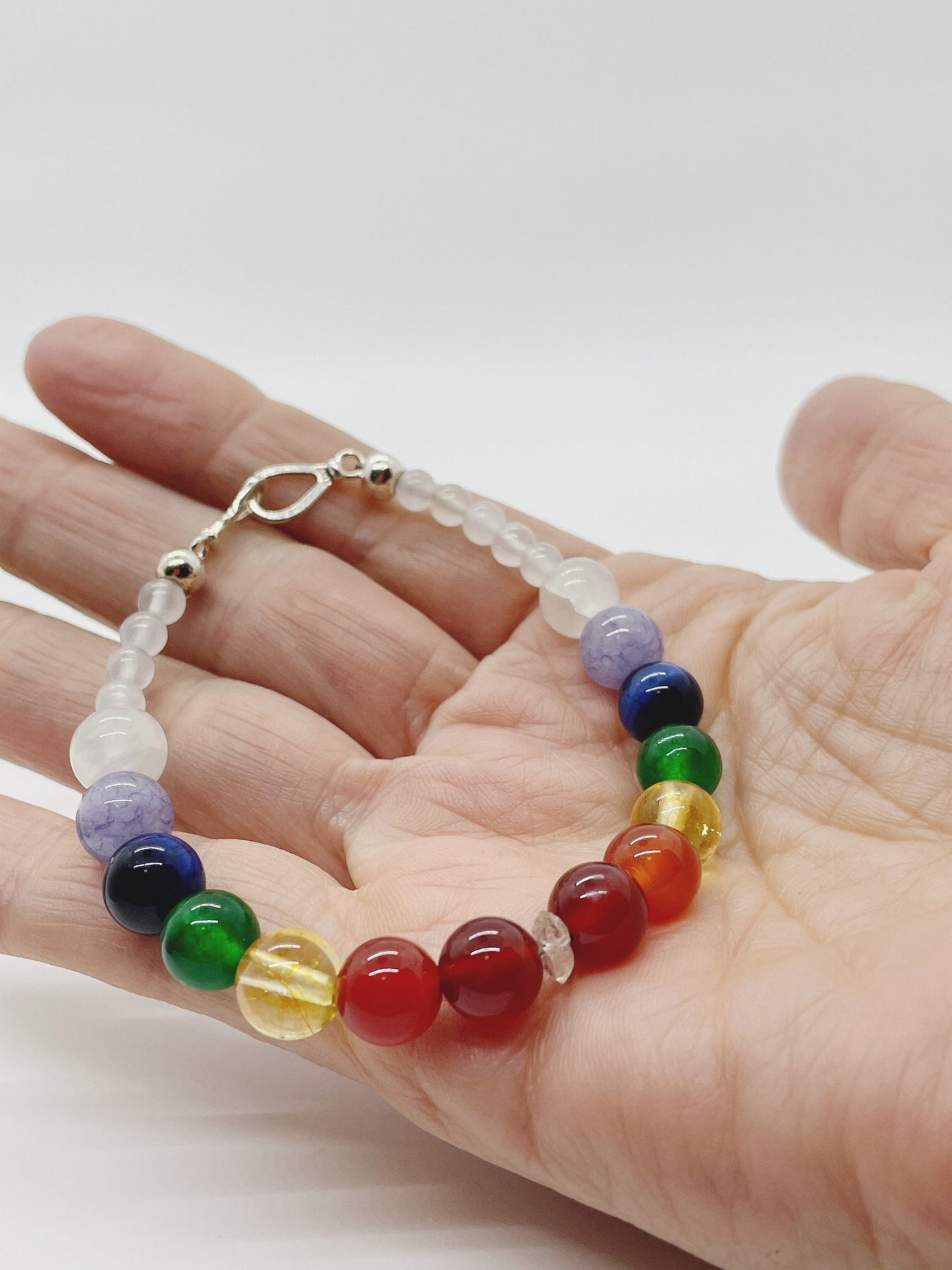 Crystal Beaded Chakra Bracelet. Red Aventurine, Carnelian, Green Chalcedony, Citrine, Blue Tiger’s Eye, Tanzanite, Selenite, Sterling Silver