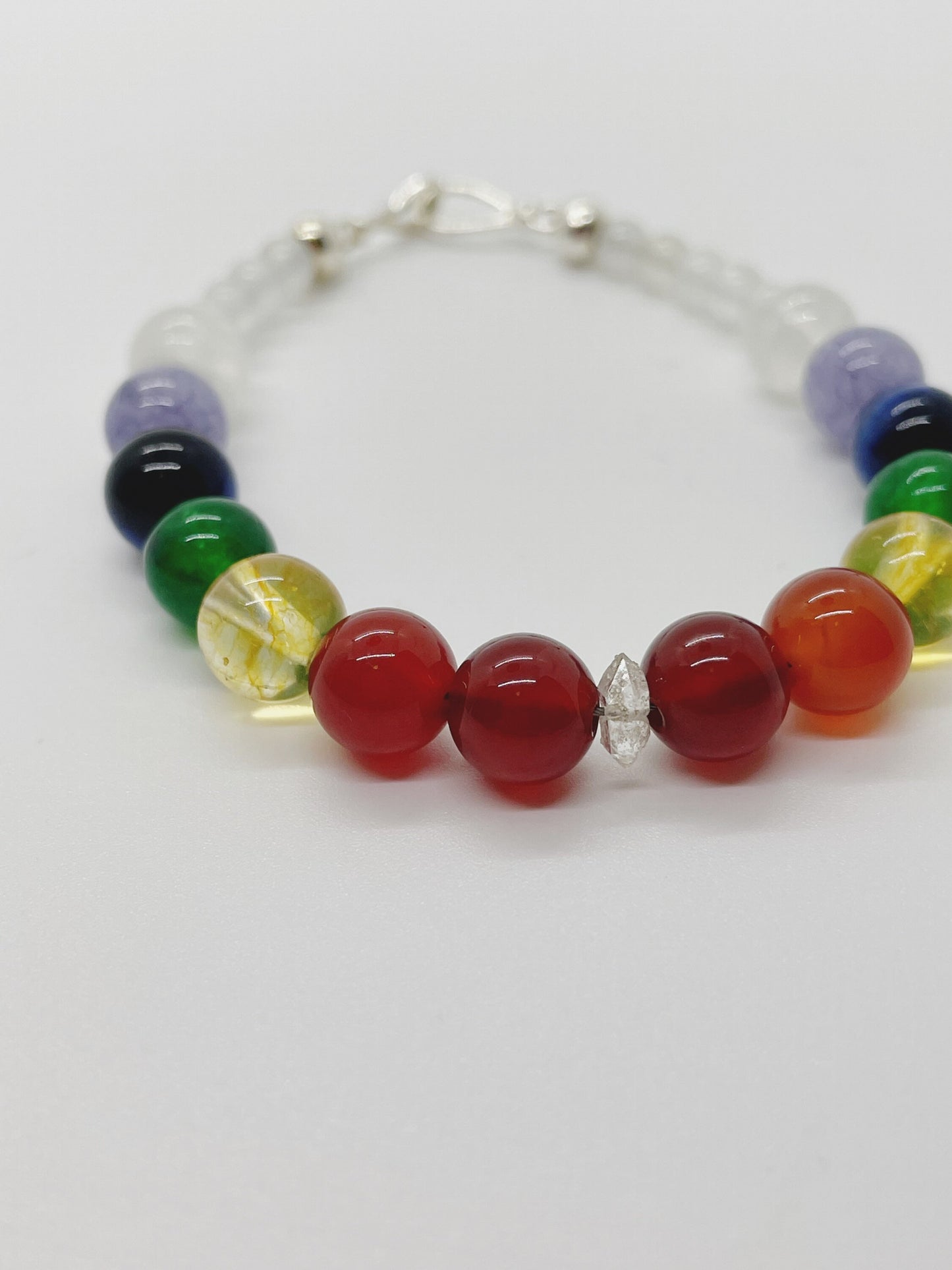 Crystal Beaded Chakra Bracelet. Red Aventurine, Carnelian, Green Chalcedony, Citrine, Blue Tiger’s Eye, Tanzanite, Selenite, Sterling Silver