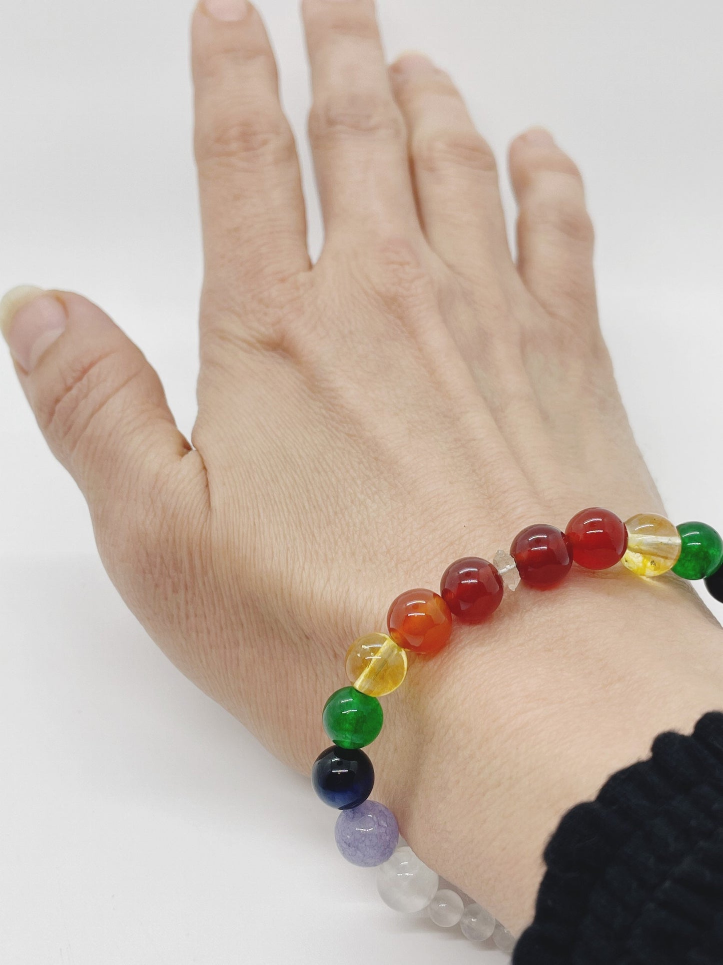 Crystal Beaded Chakra Bracelet. Red Aventurine, Carnelian, Green Chalcedony, Citrine, Blue Tiger’s Eye, Tanzanite, Selenite, Sterling Silver