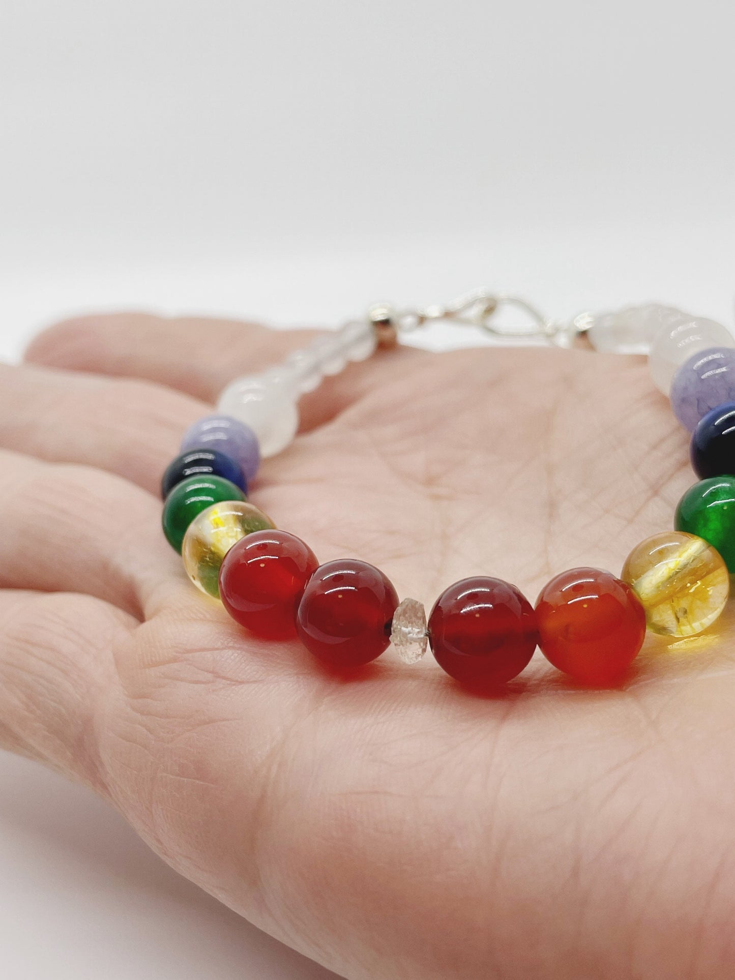 Crystal Beaded Chakra Bracelet. Red Aventurine, Carnelian, Green Chalcedony, Citrine, Blue Tiger’s Eye, Tanzanite, Selenite, Sterling Silver