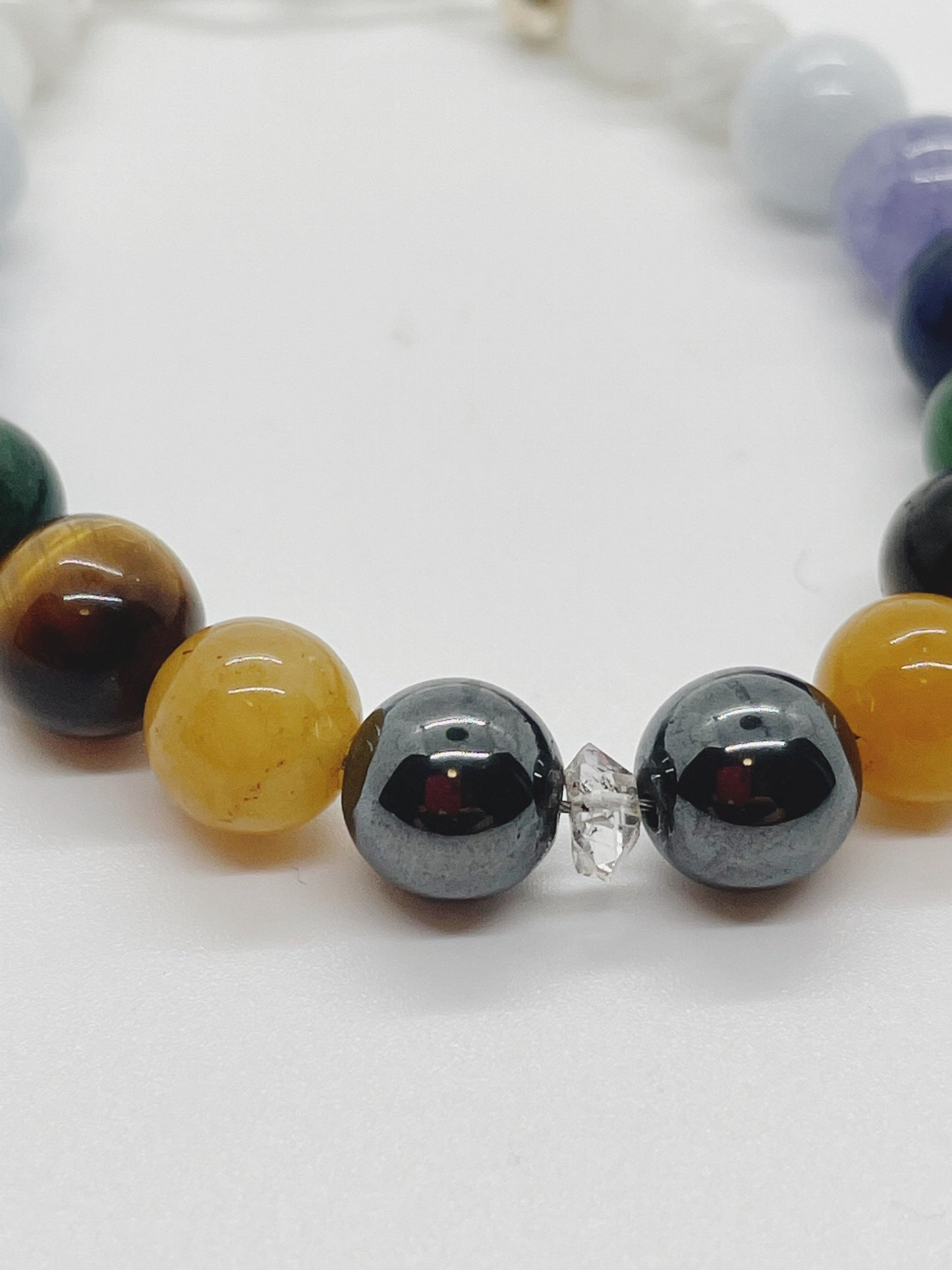 Crystal Beaded Chakra Gemstone Bracelet. Hematite, Serpentine, Moonstone, Tiger’s Eye, Verdite, Sodalite, Tanzanite, Aquamarine, Herkimer