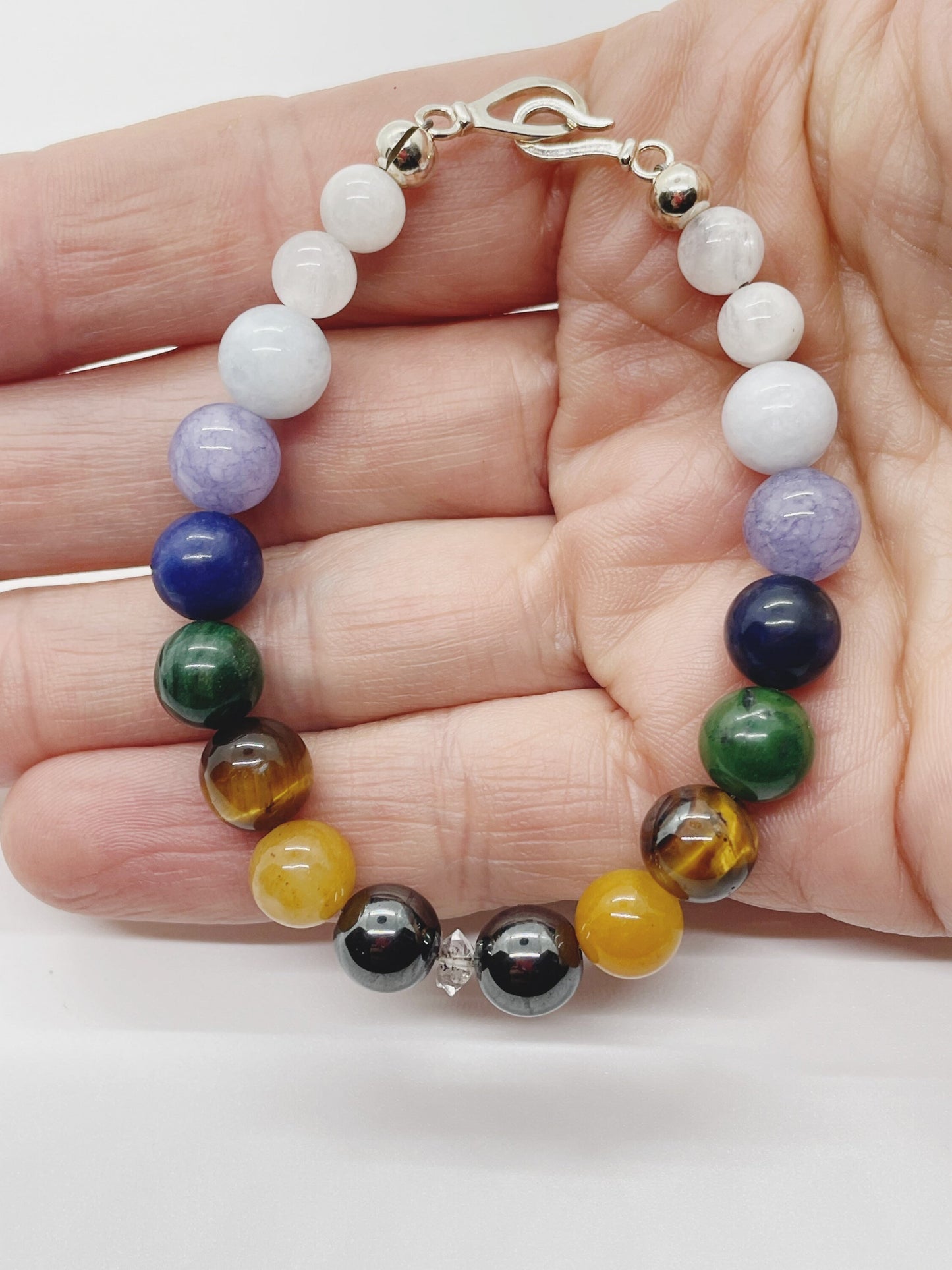 Crystal Beaded Chakra Gemstone Bracelet. Hematite, Serpentine, Moonstone, Tiger’s Eye, Verdite, Sodalite, Tanzanite, Aquamarine, Herkimer