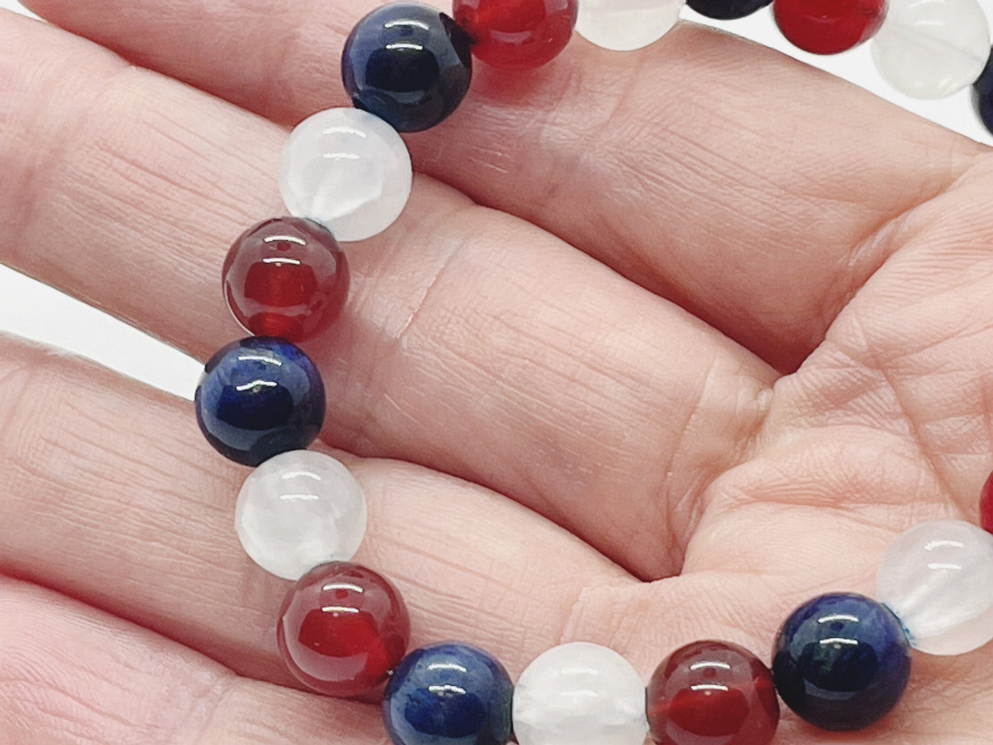 Crystal Beaded Gemstone Bracelet. Blue Tiger’s Eye, Red Agate, Selenite, Carnelian and Sterling Silver