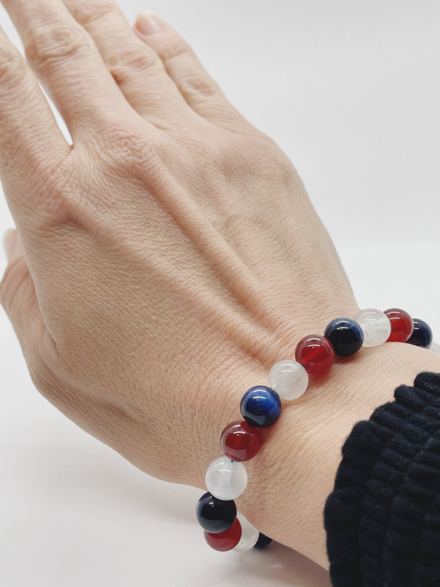 Crystal Beaded Gemstone Bracelet. Blue Tiger’s Eye, Red Agate, Selenite, Carnelian and Sterling Silver