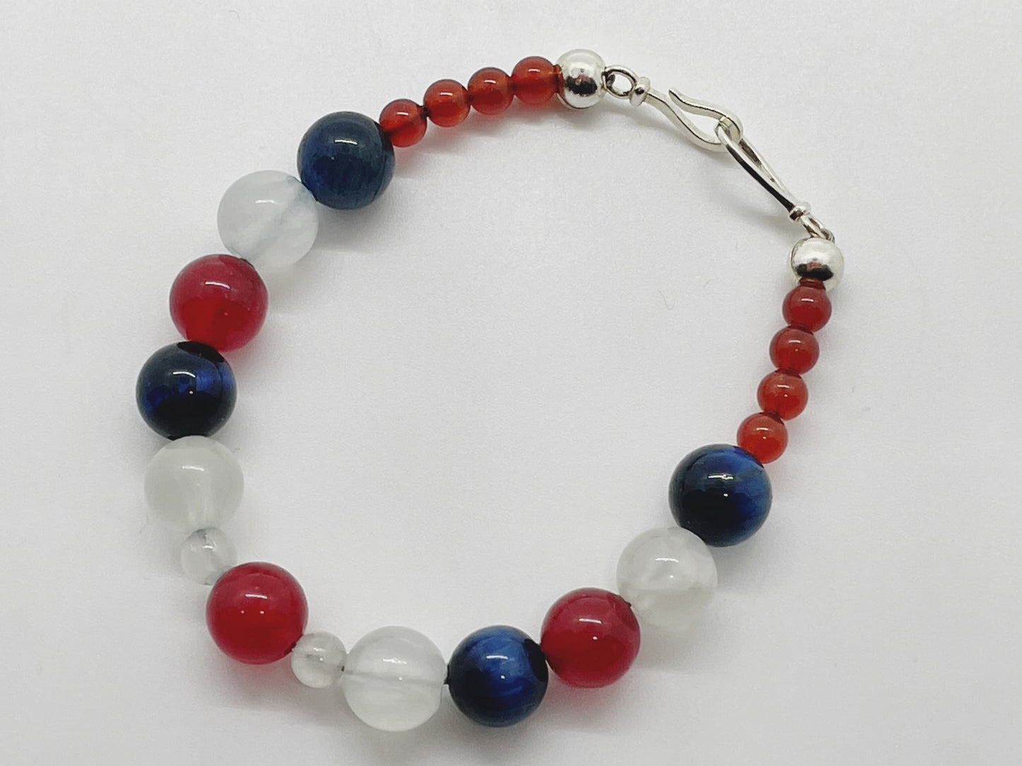 Crystal Beaded Gemstone Bracelet. Blue Tiger’s Eye, Red Agate, Selenite, Carnelian and Sterling Silver