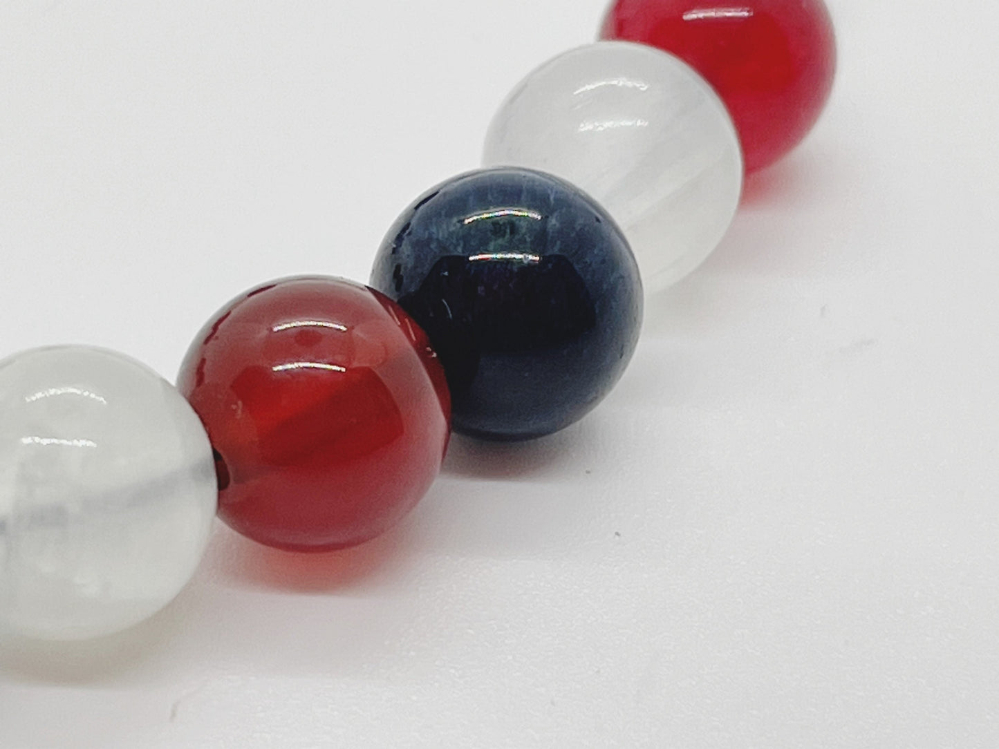 Crystal Beaded Gemstone Bracelet. Blue Tiger’s Eye, Red Agate, Selenite, Carnelian and Sterling Silver