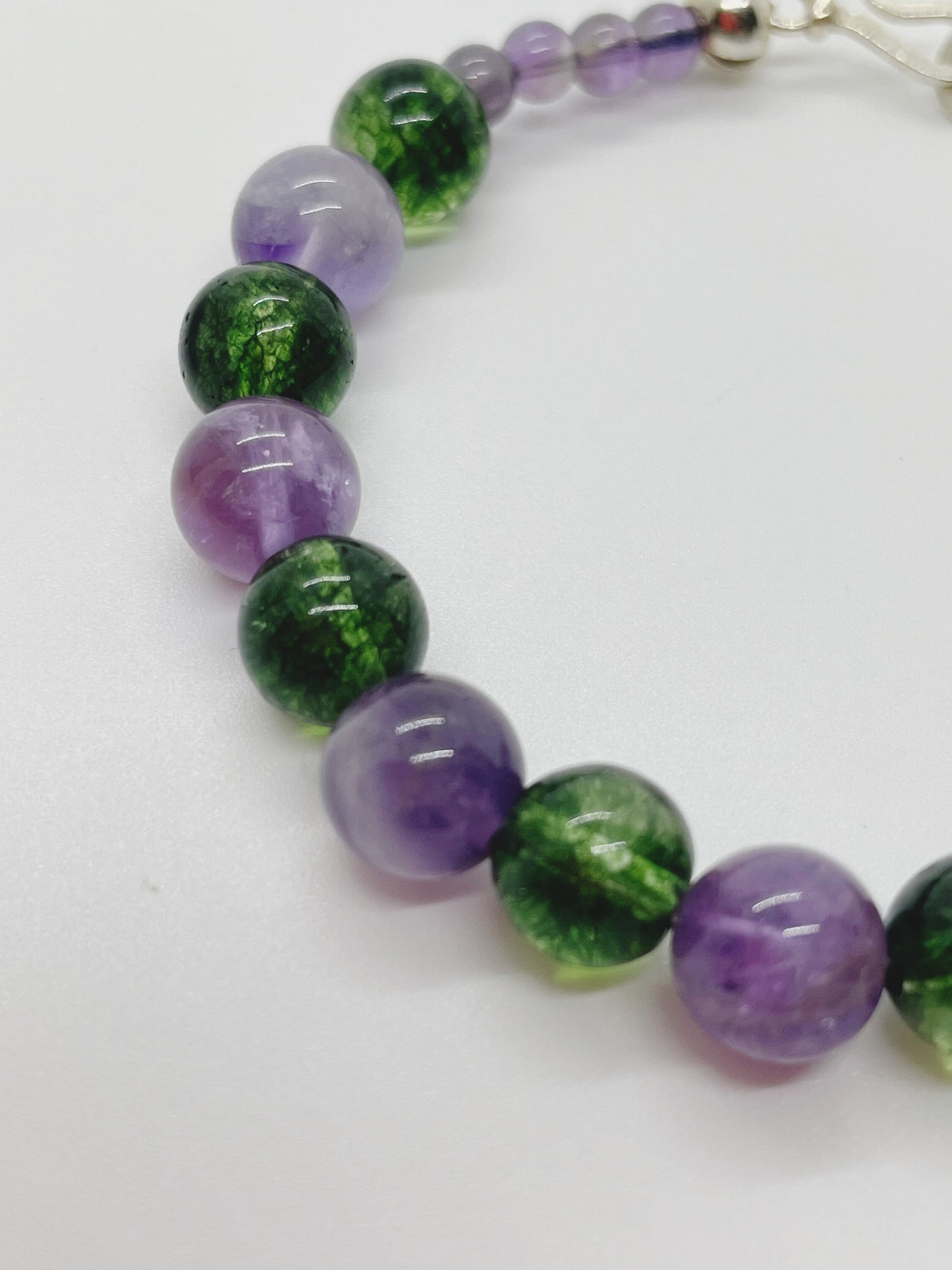 Crystal Gemstone Beaded Purple Bracelet. Amethyst, Peridot and Sterling Silver