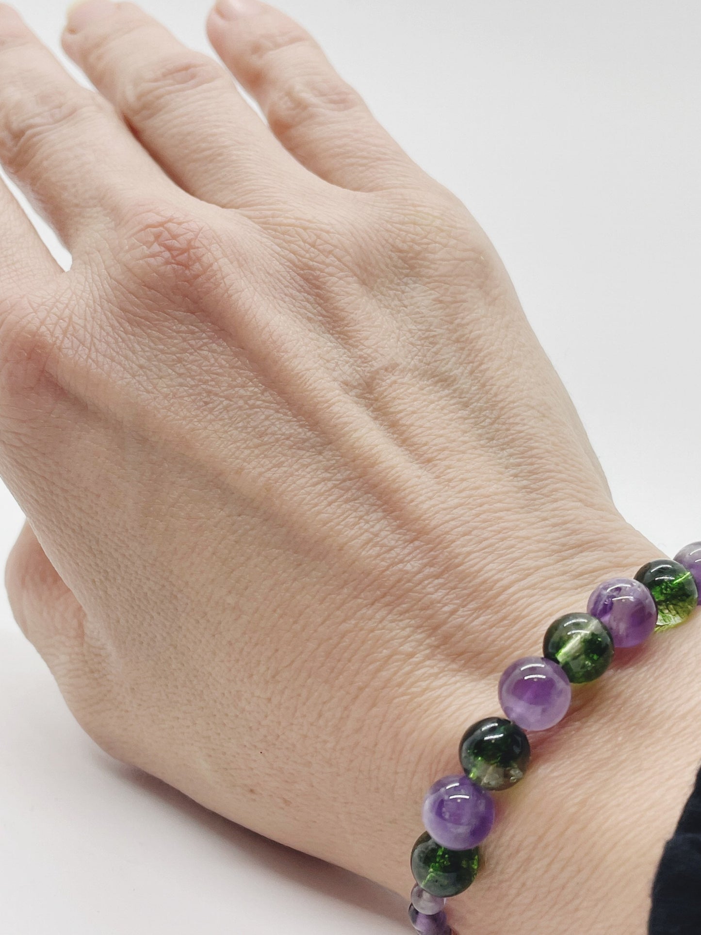 Crystal Gemstone Beaded Purple Bracelet. Amethyst, Peridot and Sterling Silver