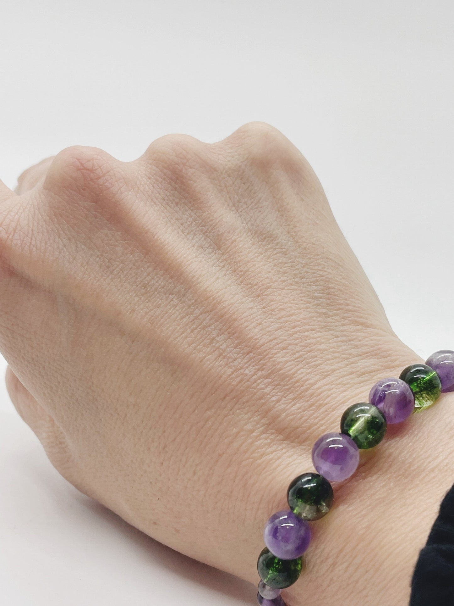 Crystal Gemstone Beaded Purple Bracelet. Amethyst, Peridot and Sterling Silver