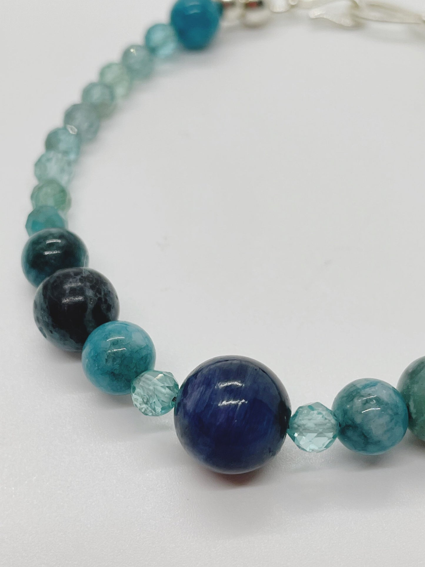 Crystal Gemstone Beaded Bracelet. Blue Kyanite, African Blue Opal, Apatite and Sterling Silver Clasp