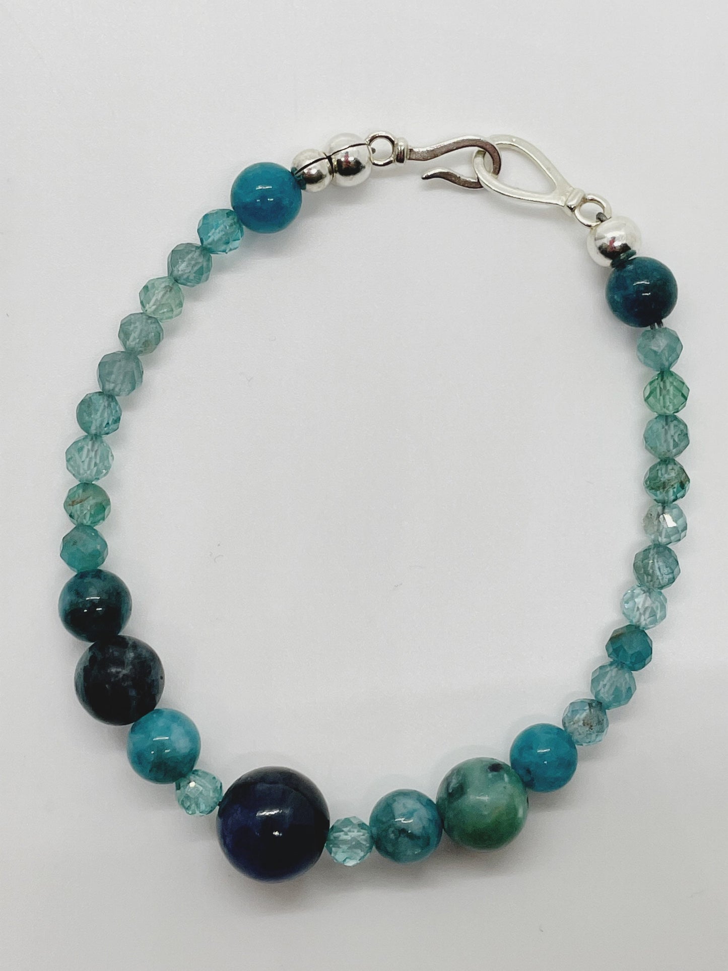 Crystal Gemstone Beaded Bracelet. Blue Kyanite, African Blue Opal, Apatite and Sterling Silver Clasp