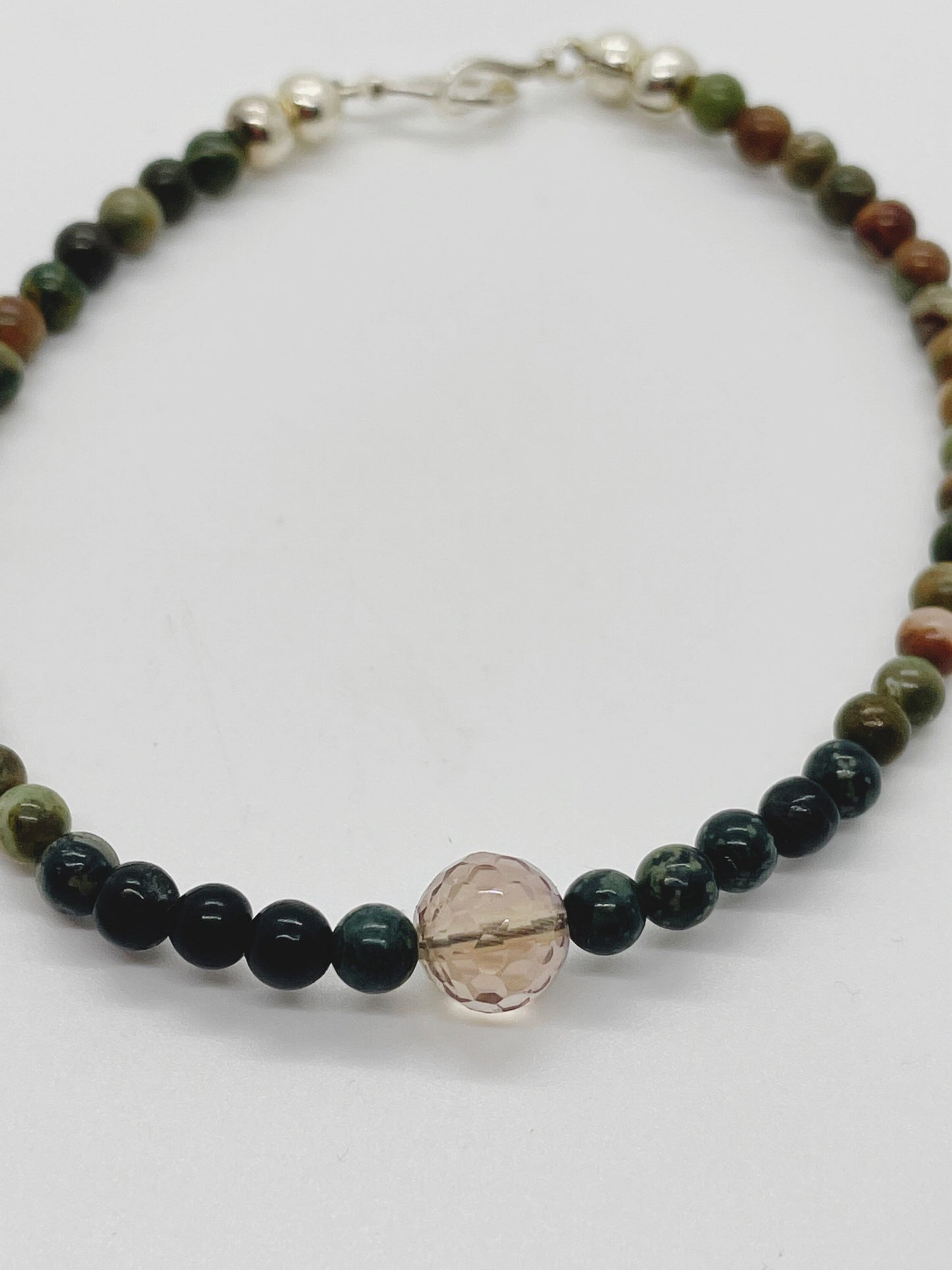 Crystal Gemstone Beaded Bracelet. Kambaba Jasper, Fluorite and Sterling Silver