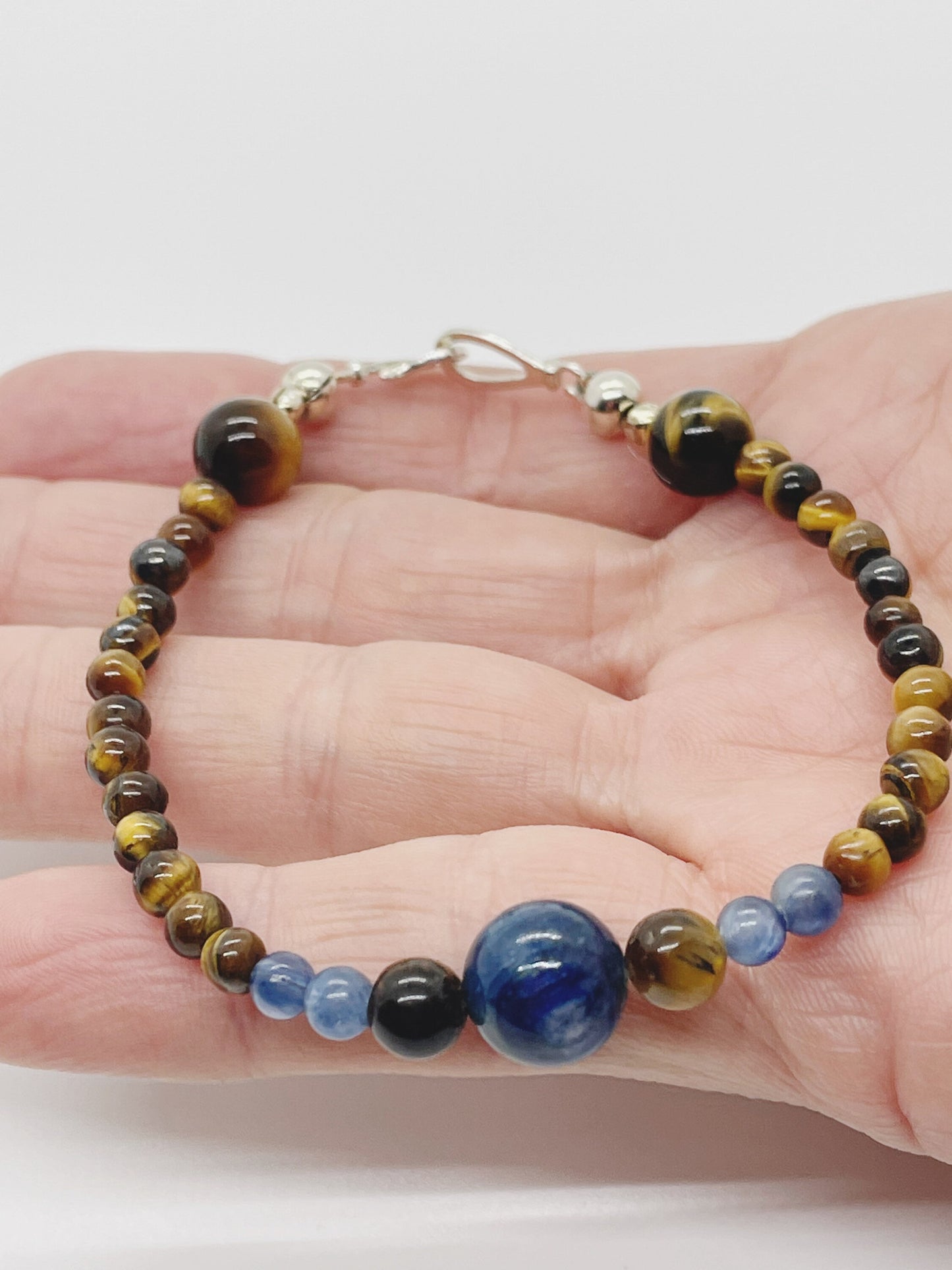 Crystal Gemstone Beaded Bracelet. Blue Kyanite, Tiger's Eye and Sterling Silver