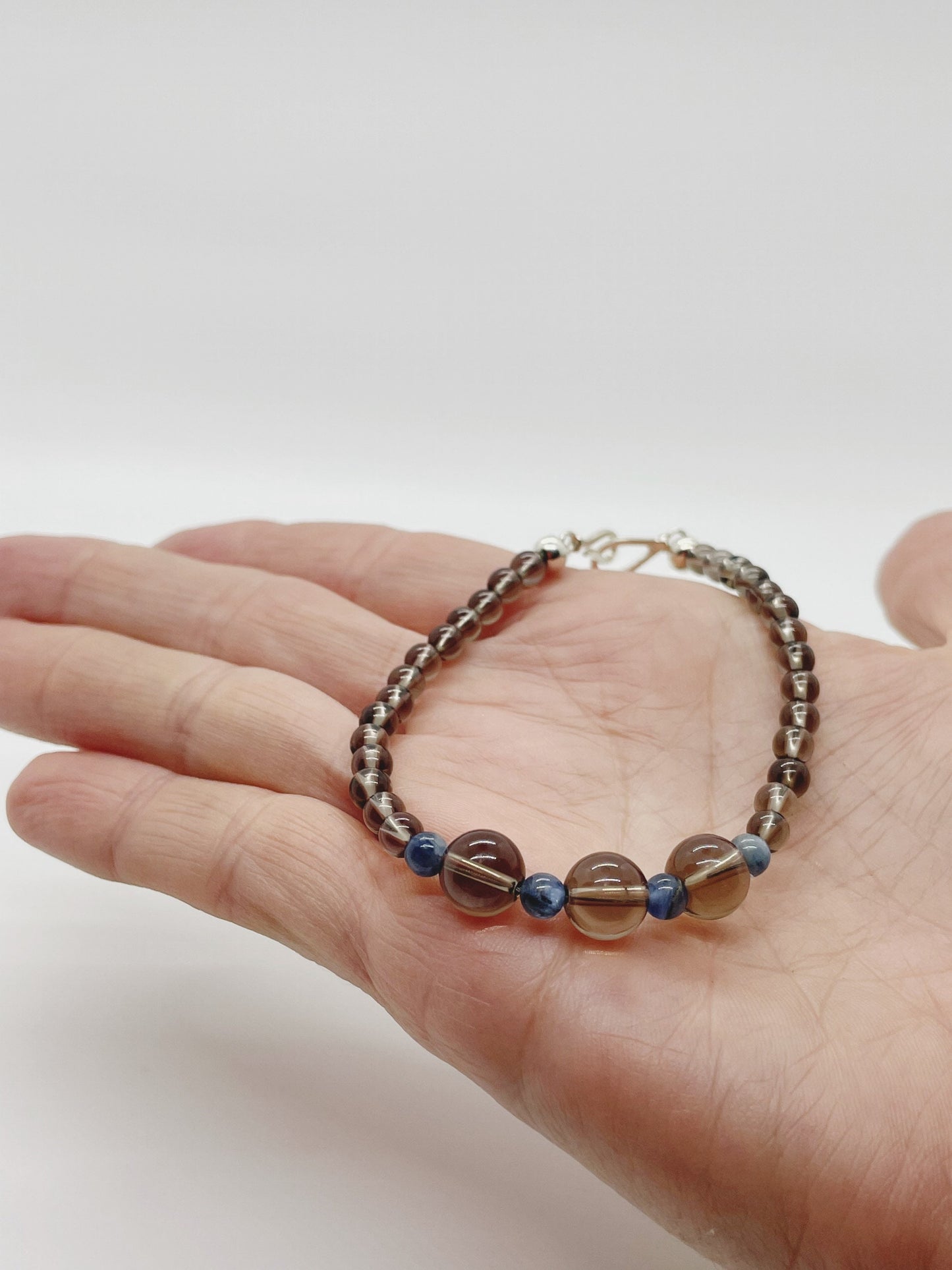 Crystal Gemstone Beaded Bracelet. Smoky Quartz, Blue Kyanite and Sterling Silver