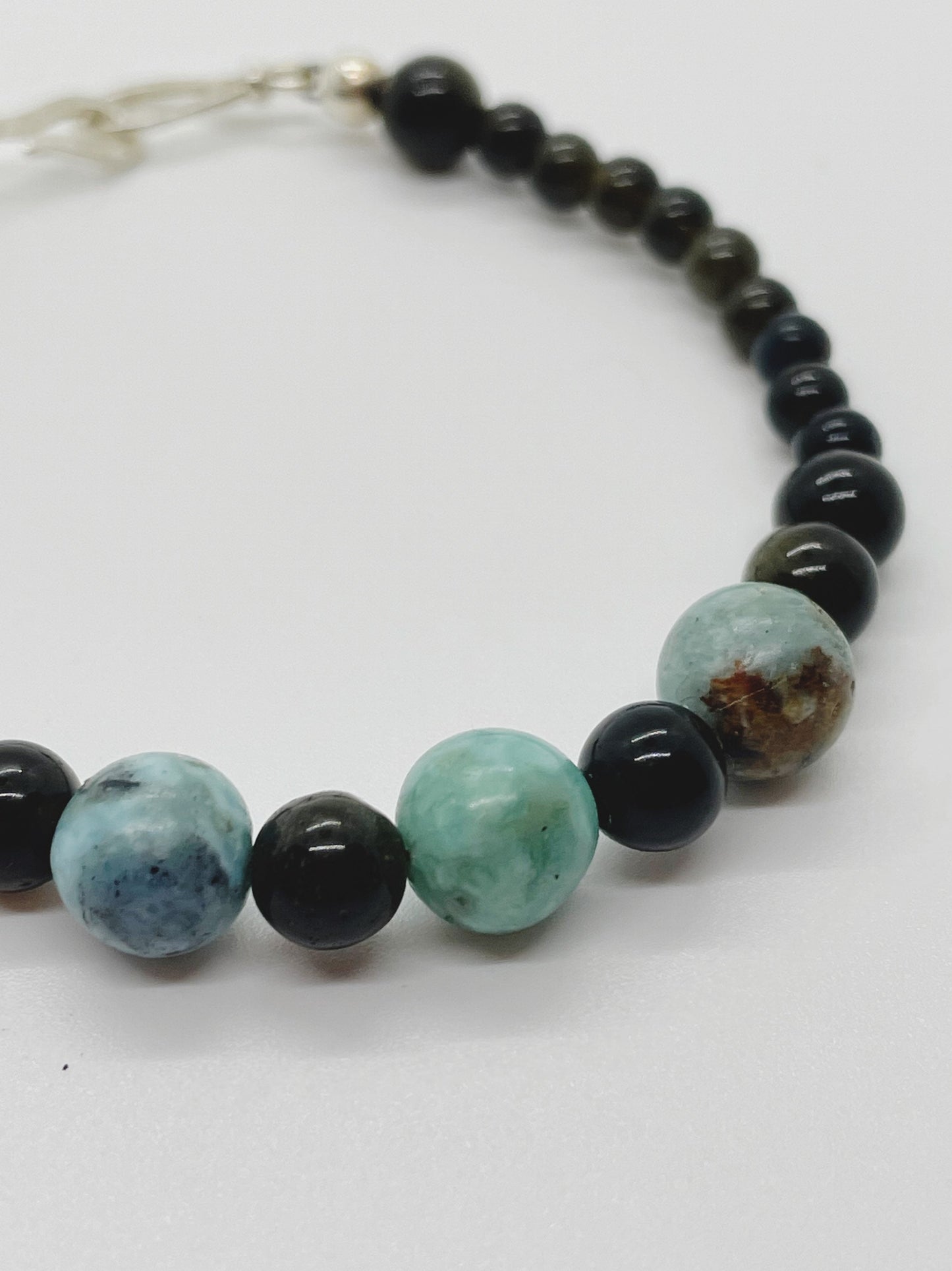 Crystal Gemstone Beaded Bracelet. African Blue Opal, Gold Obsidian and Sterling Silver