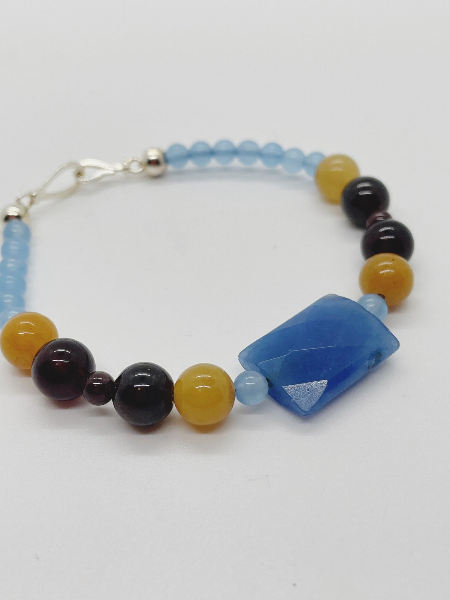 Crystal Gemstone Breathbeads Bracelet. Garnet, Blue Serpentine, Blue Agate and Sterling Silver