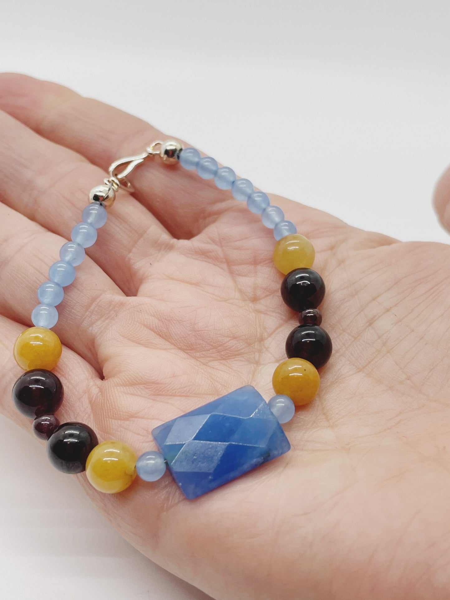 Crystal Gemstone Breathbeads Bracelet. Garnet, Blue Serpentine, Blue Agate and Sterling Silver