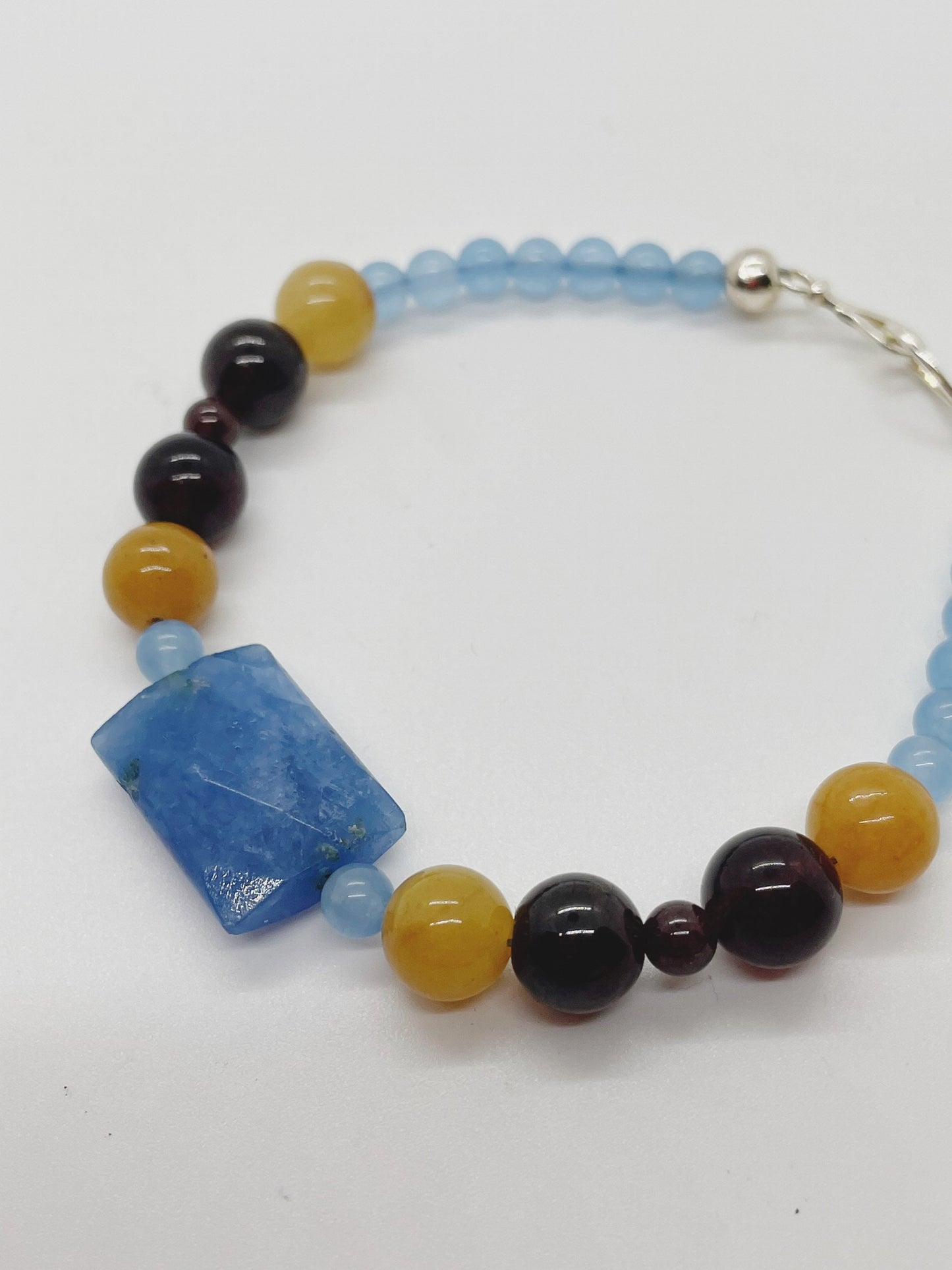 Crystal Gemstone Breathbeads Bracelet. Garnet, Blue Serpentine, Blue Agate and Sterling Silver