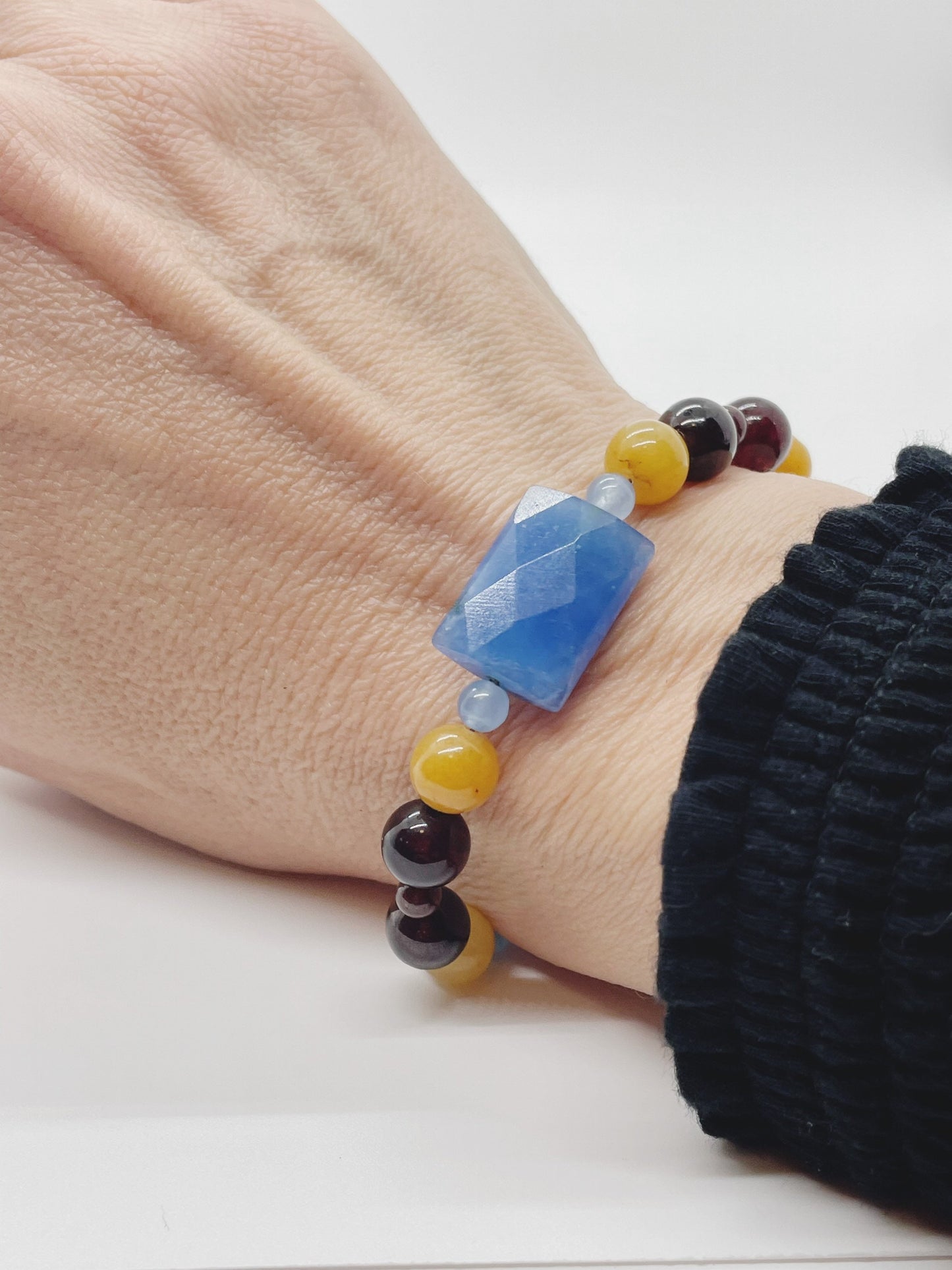 Crystal Gemstone Breathbeads Bracelet. Garnet, Blue Serpentine, Blue Agate and Sterling Silver