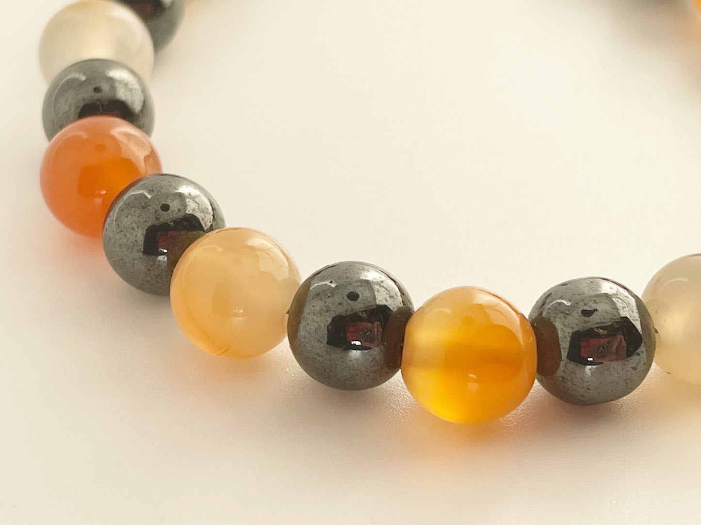 Courage and protection Crystal Bracelet:  Hematite and Carnelian with Sterling Silver Clasp