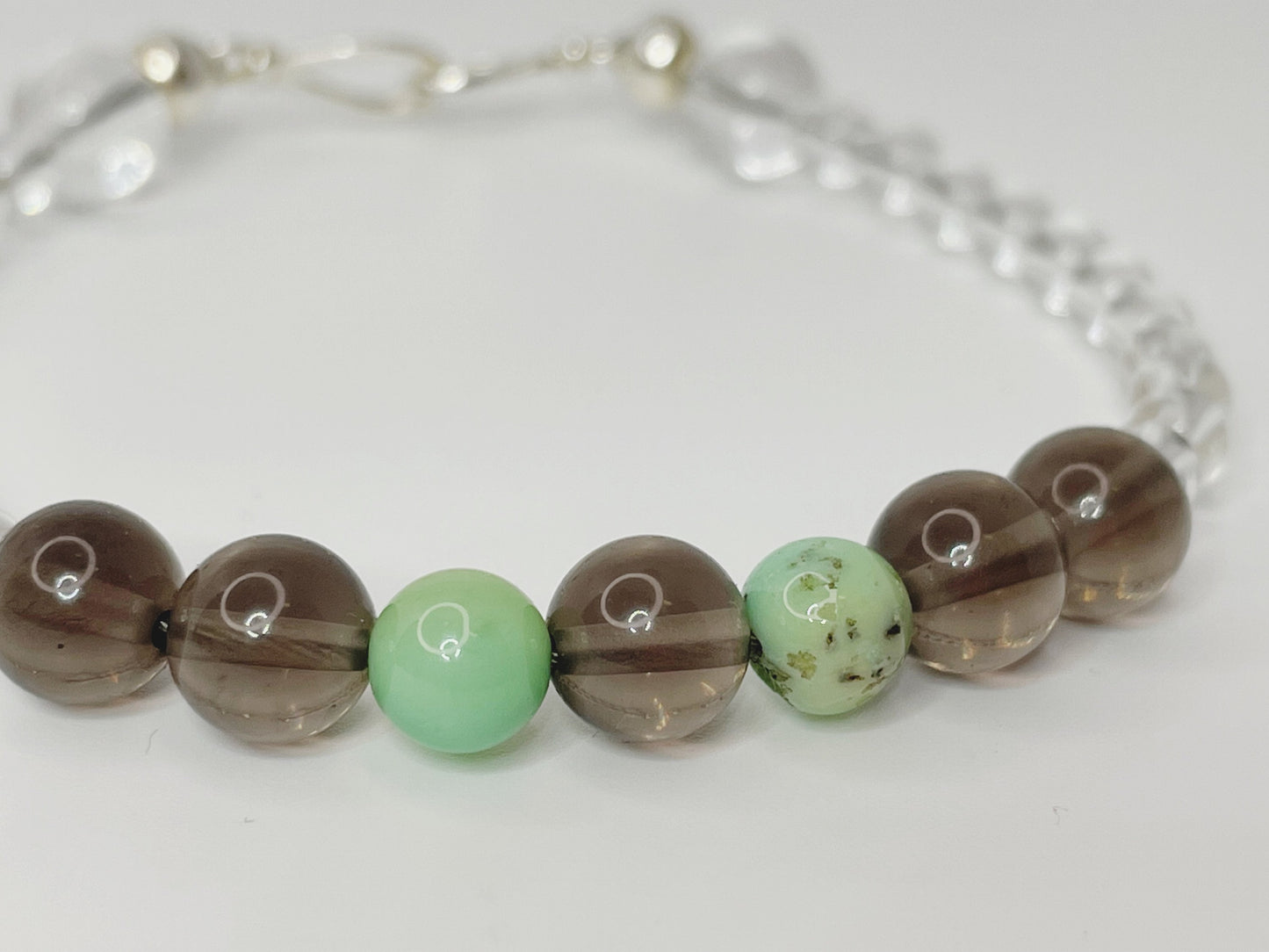 Harmonious Heart Bracelet: Chrysoprase, Smokey Quartz, and Quartz Gemstone Bracelet with Sterling Silver