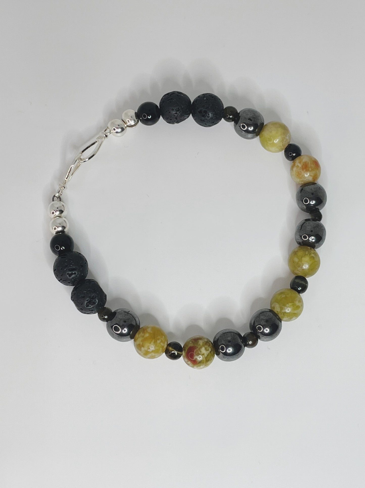 Jade, Hematite, Lava beads, Tiger Iron, and Gold Obsidian Breathbeads Bracelet with Sterling Silver