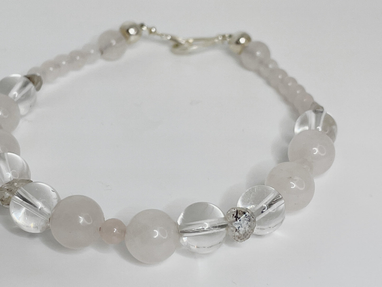 Rose Quartz, Quartz, and Herkimer Diamond Breathbead Bracelet with Sterling Silver Clasp