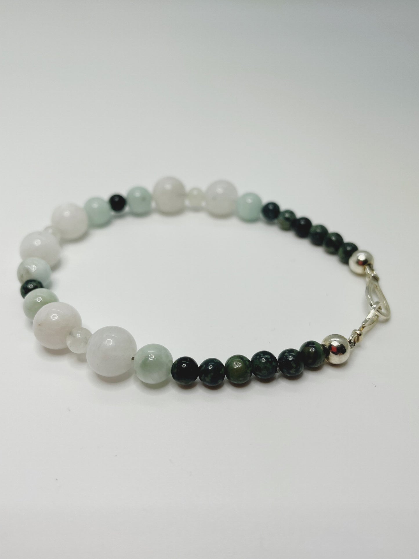 Moonstone, Kambaba Jasper, and Green Angelite Breathbeads Bracelet with Sterling Silver Clasp