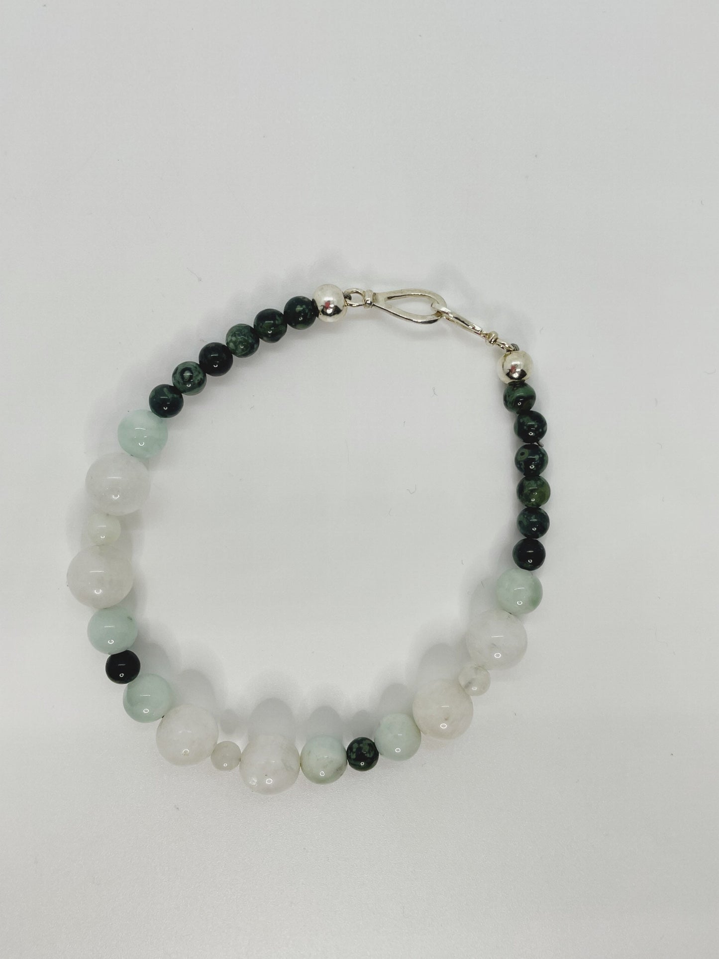 Moonstone, Kambaba Jasper, and Green Angelite Breathbeads Bracelet with Sterling Silver Clasp