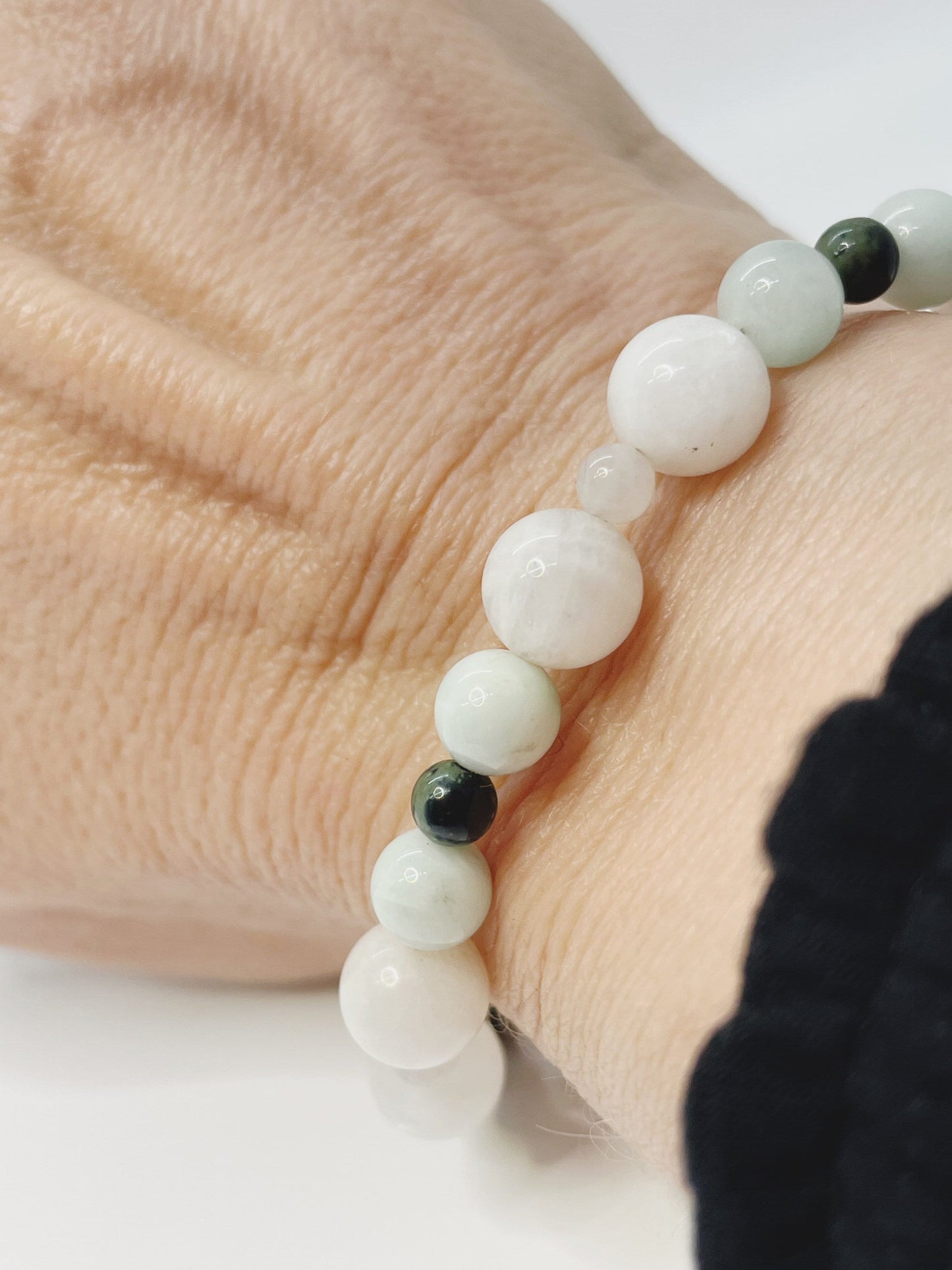 Moonstone, Kambaba Jasper, and Green Angelite Breathbeads Bracelet with Sterling Silver Clasp