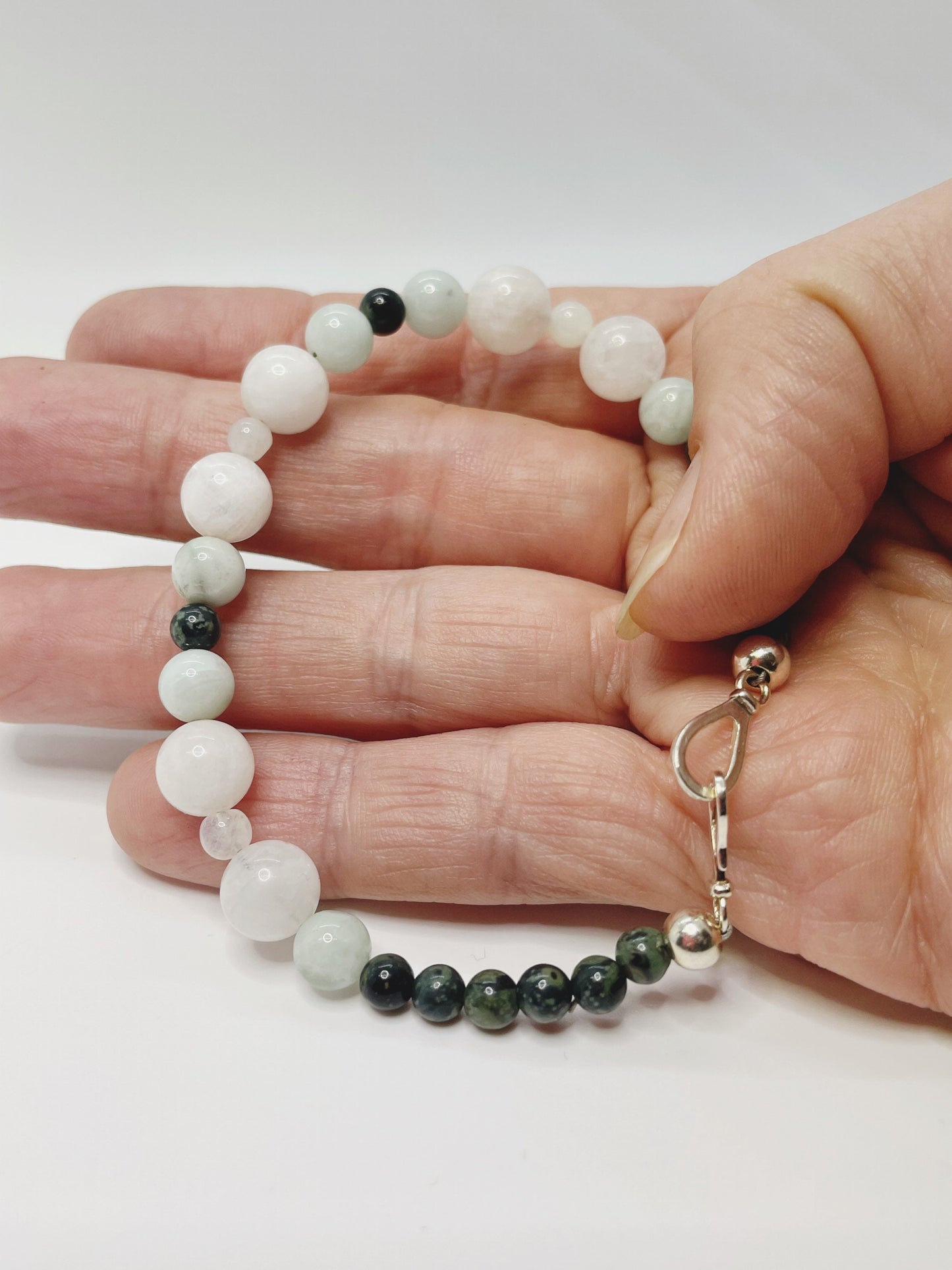 Moonstone, Kambaba Jasper, and Green Angelite Breathbeads Bracelet with Sterling Silver Clasp