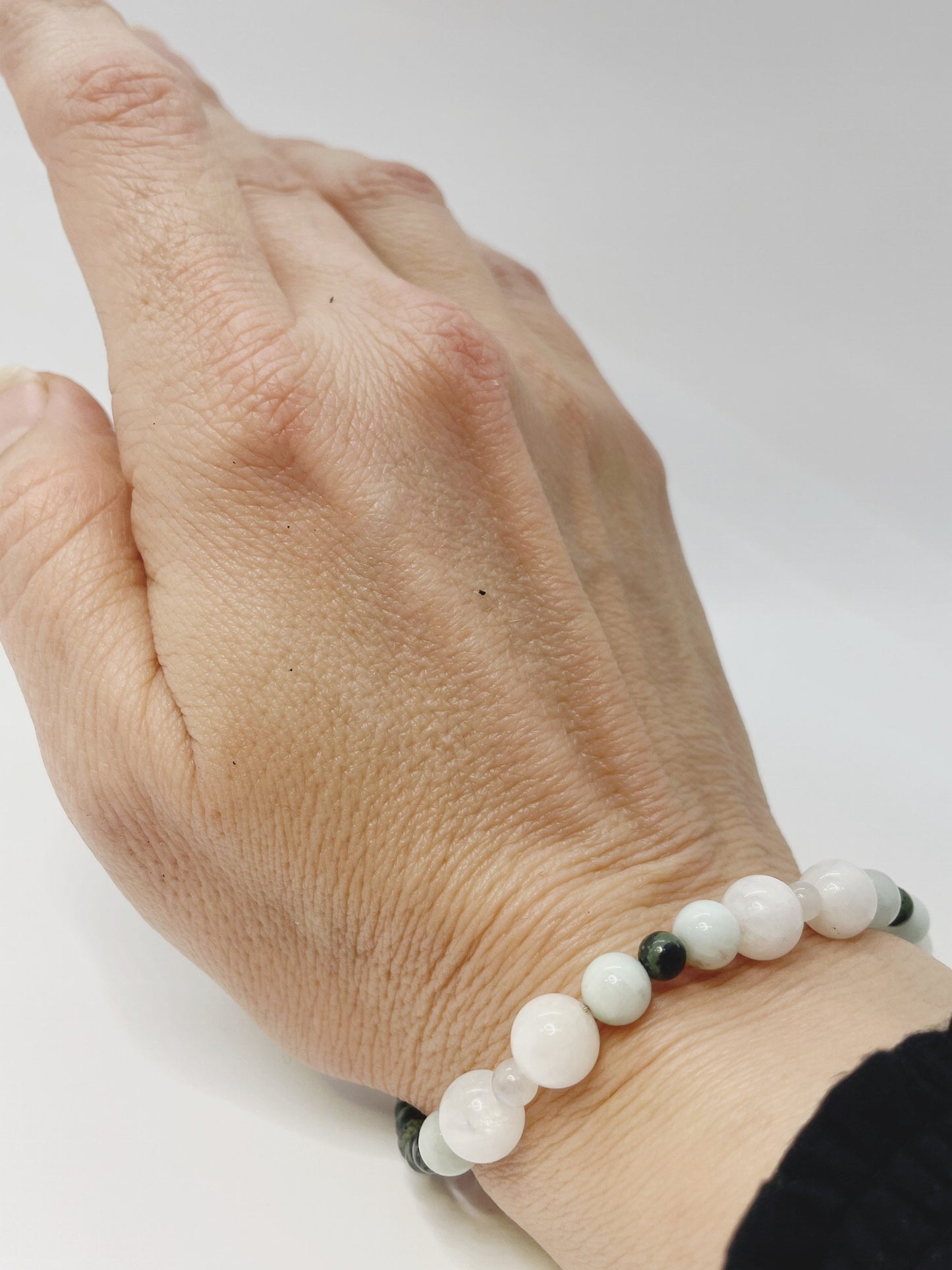 Moonstone, Kambaba Jasper, and Green Angelite Breathbeads Bracelet with Sterling Silver Clasp