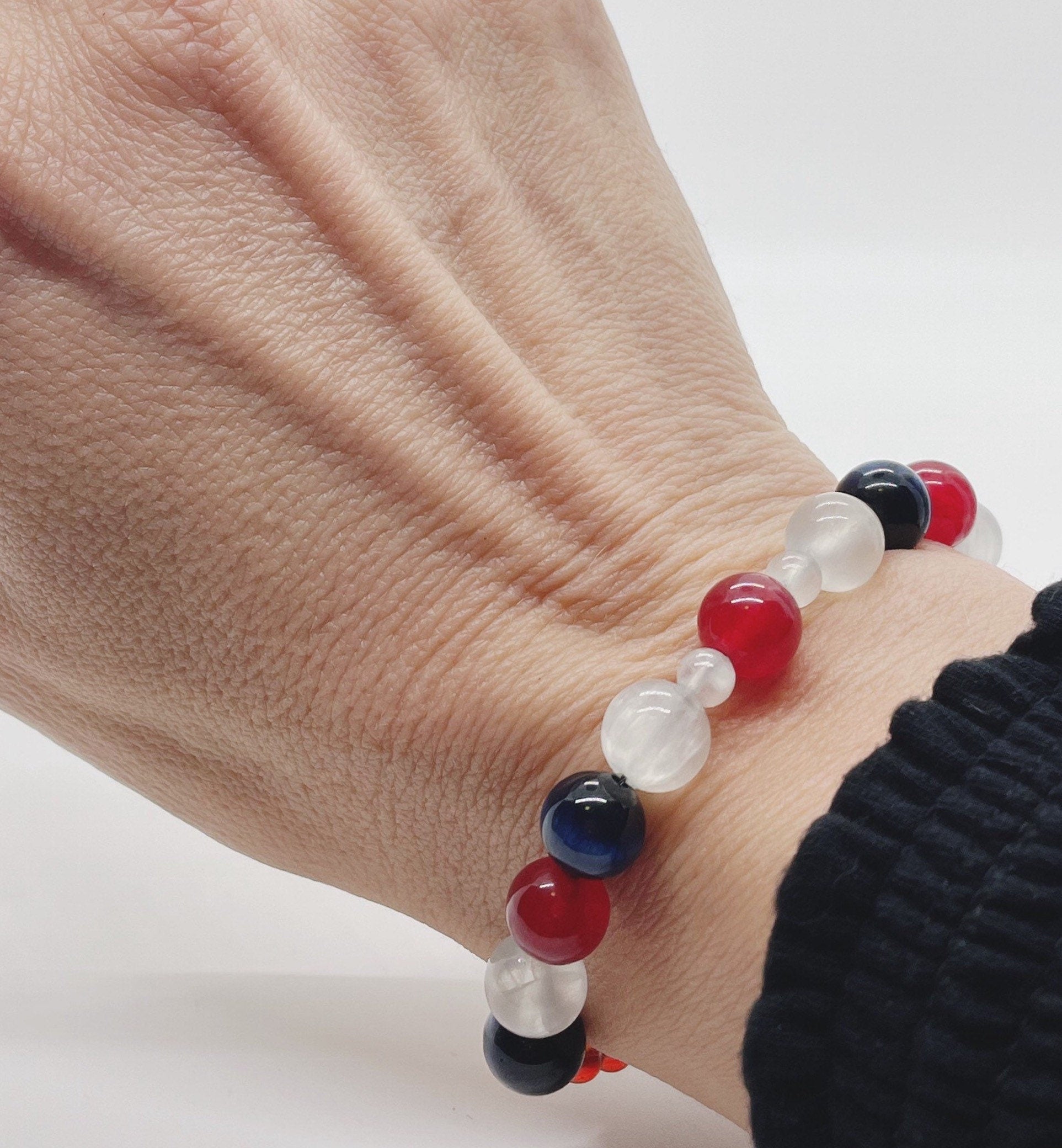 Red Agate, Selenite, Blue Tiger’s Eye Gemstone Bracelet.  Red White and Blue colors.