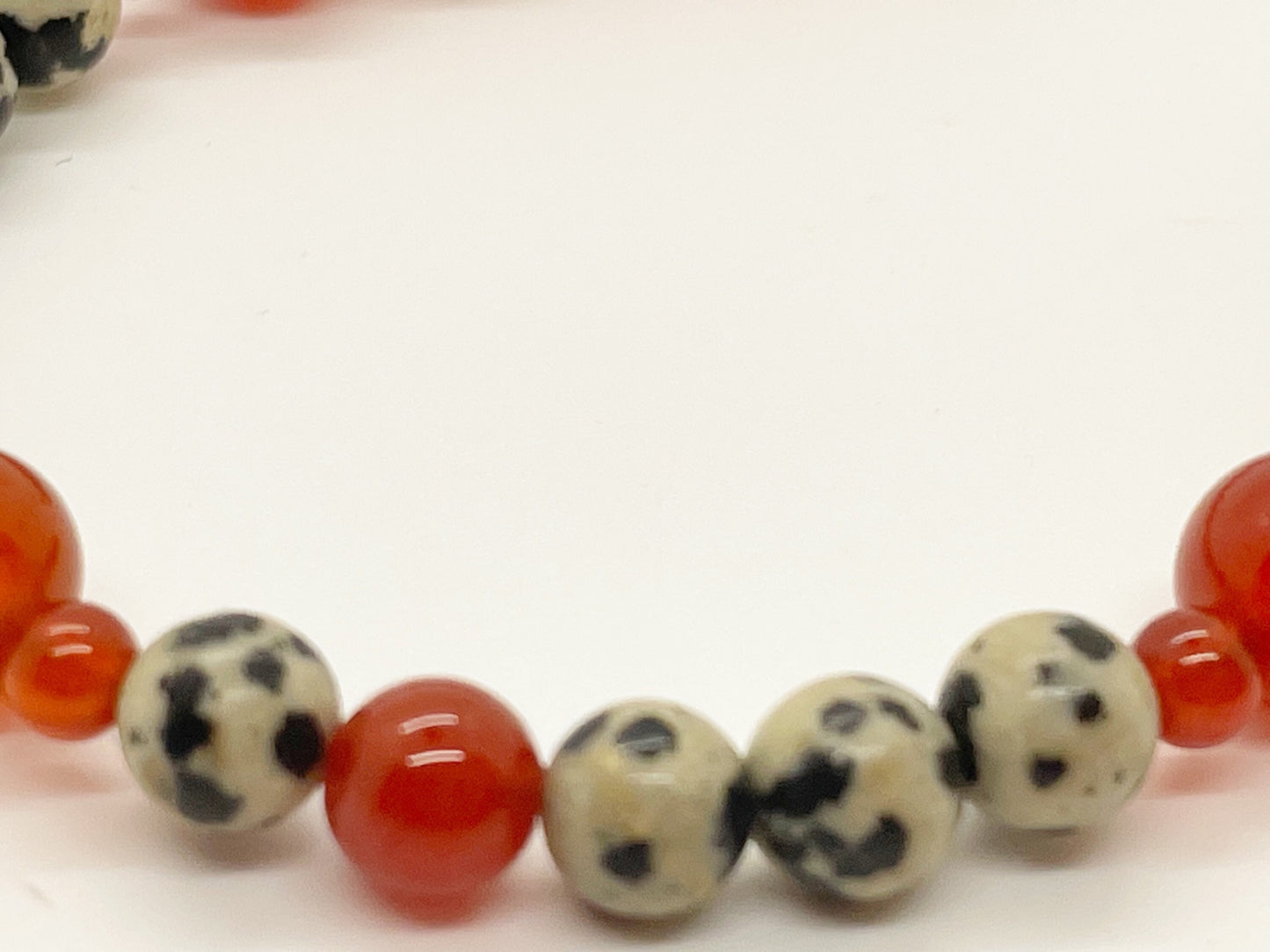 Crystal Gemstone Beaded Bracelet. Carnelian and Dalmatian Stone with Sterling Silver Clasp