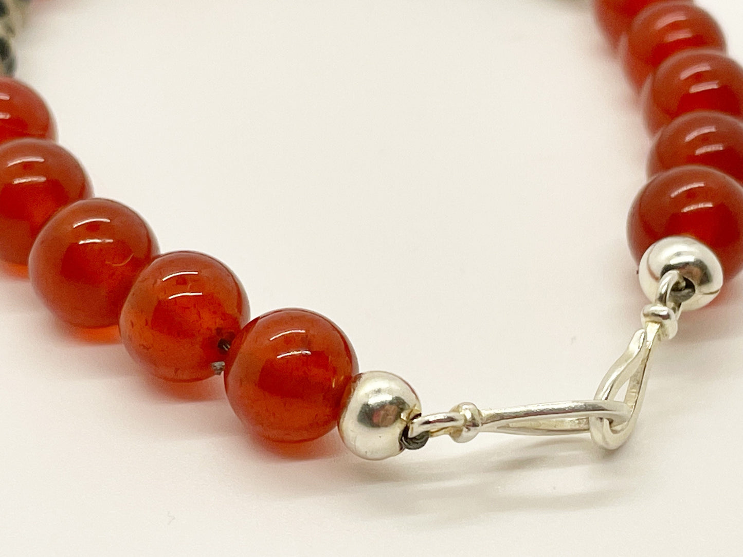 Crystal Gemstone Beaded Bracelet. Carnelian and Dalmatian Stone with Sterling Silver Clasp