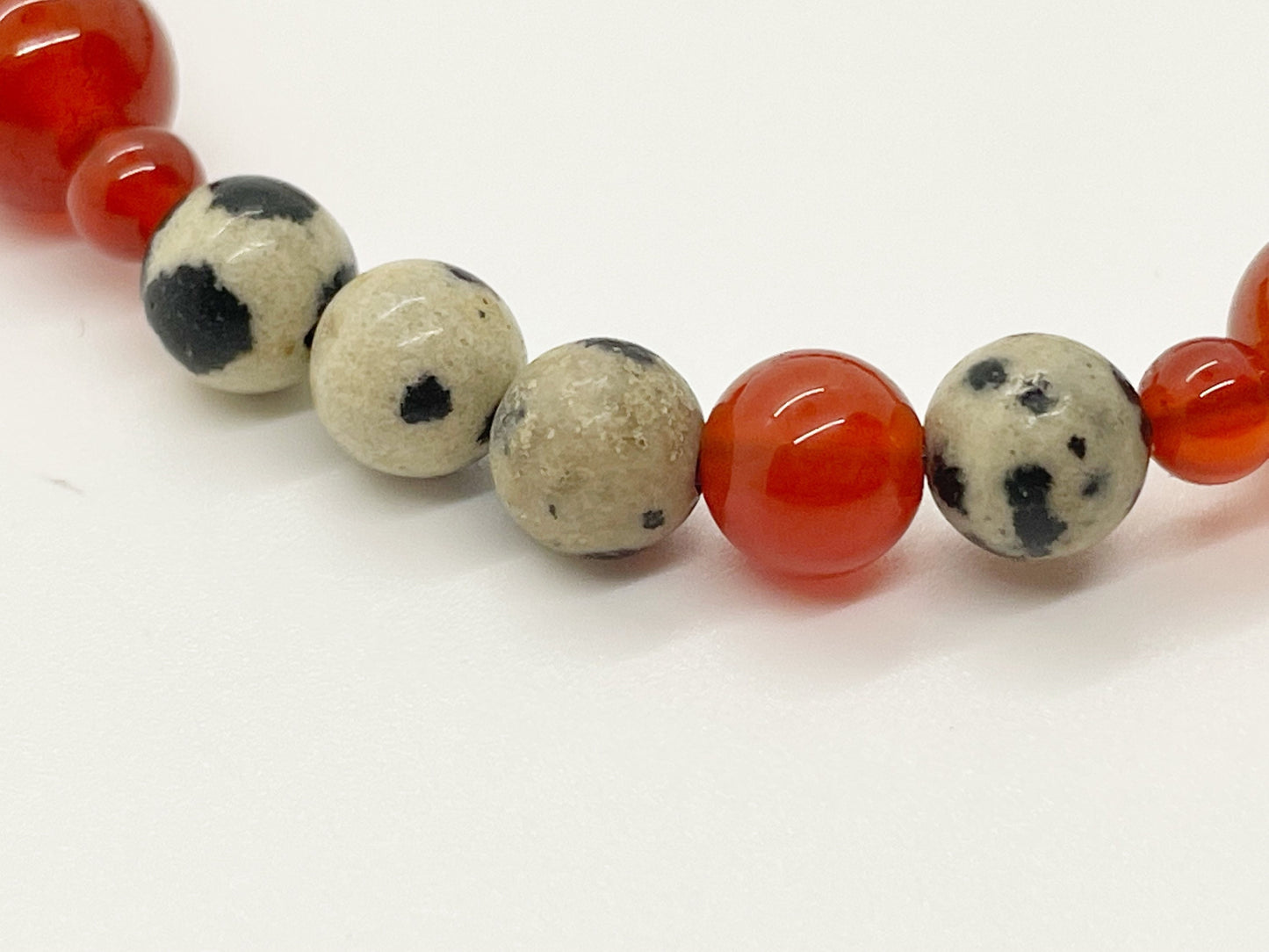 Crystal Gemstone Beaded Bracelet. Carnelian and Dalmatian Stone with Sterling Silver Clasp