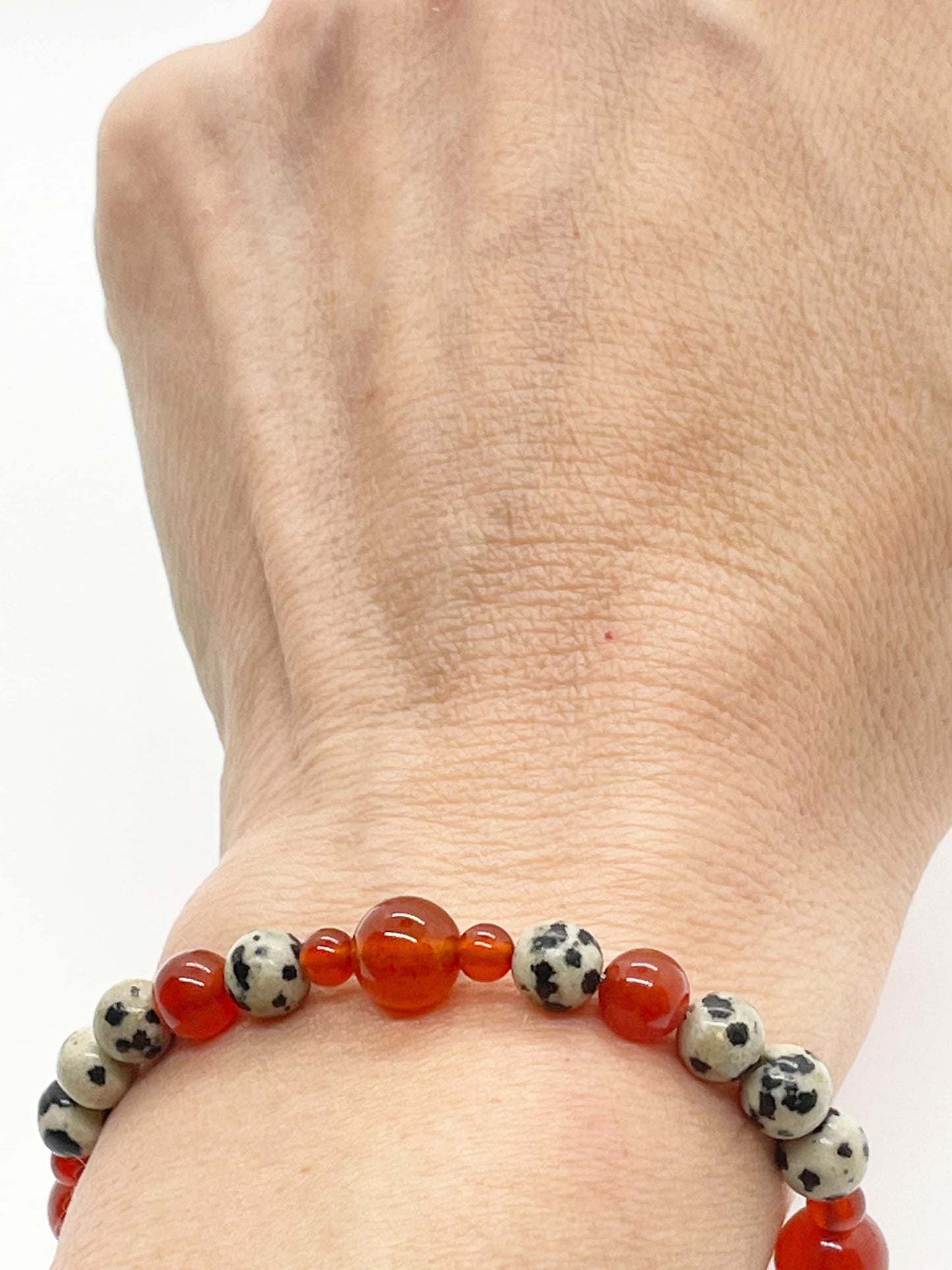 Crystal Gemstone Beaded Bracelet. Carnelian and Dalmatian Stone with Sterling Silver Clasp