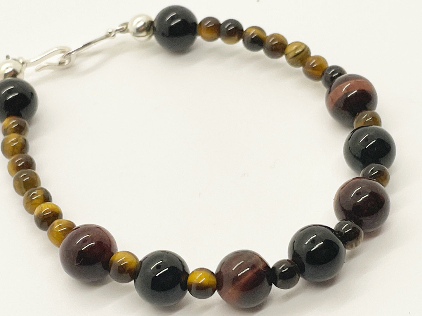 Calm and Clear Goal Getter Crystal Beaded Gemstone Bracelet with Tiger’s Eye, Black Onyx and Red Tiger’s Eye with Sterling Silver Closure