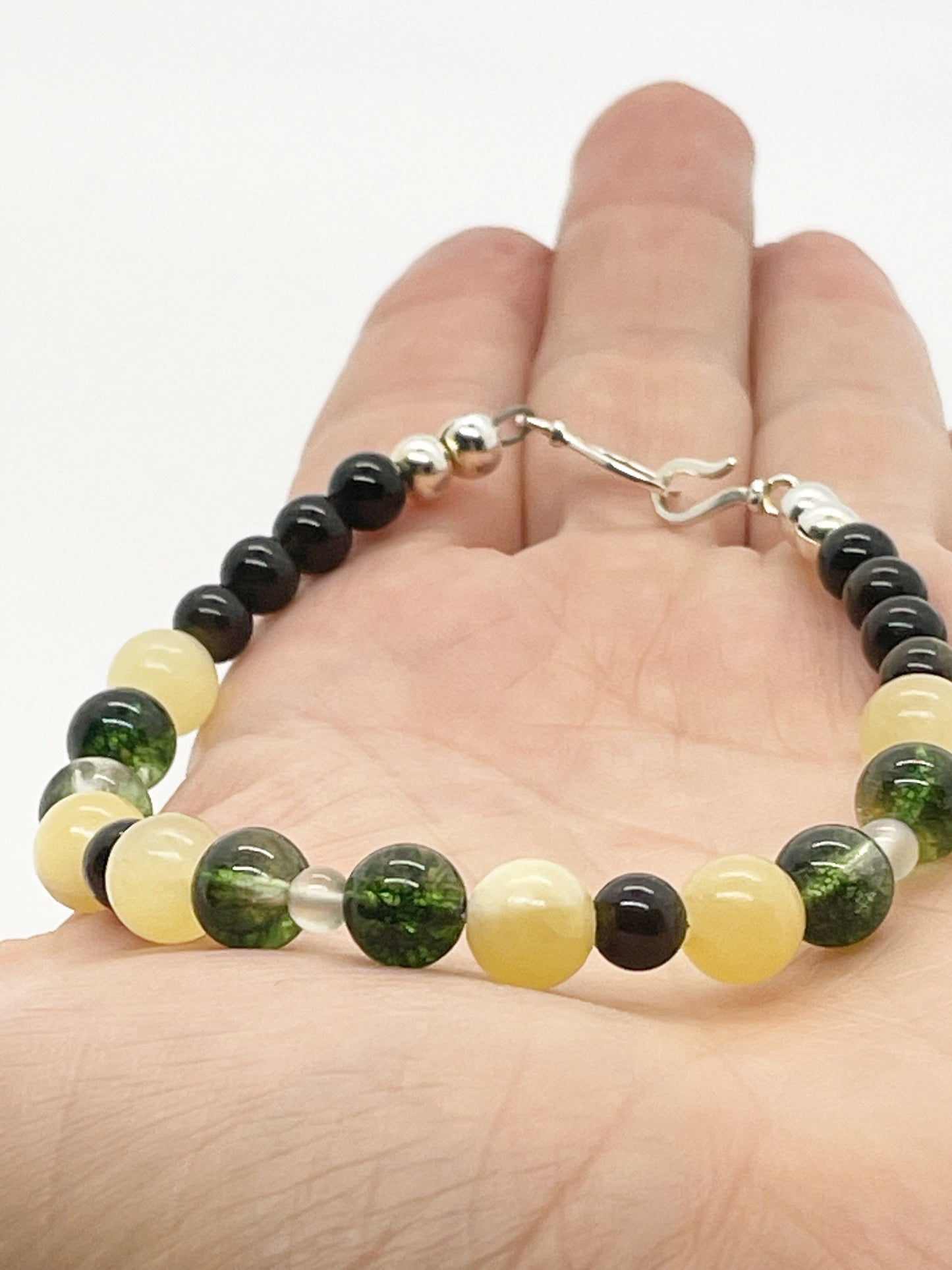 Life’s Purpose Crystal Gemstone Breathbeads Bracelet with Peridot, Yellow Jade, New Jade, and Gold Obsidian. Sterling Silver Clasp