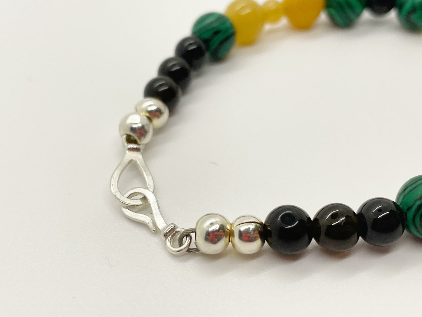 Crystal Breathbeads Meditation Bracelet. Malachite, Serpentine, Onyx, Sterling Silver